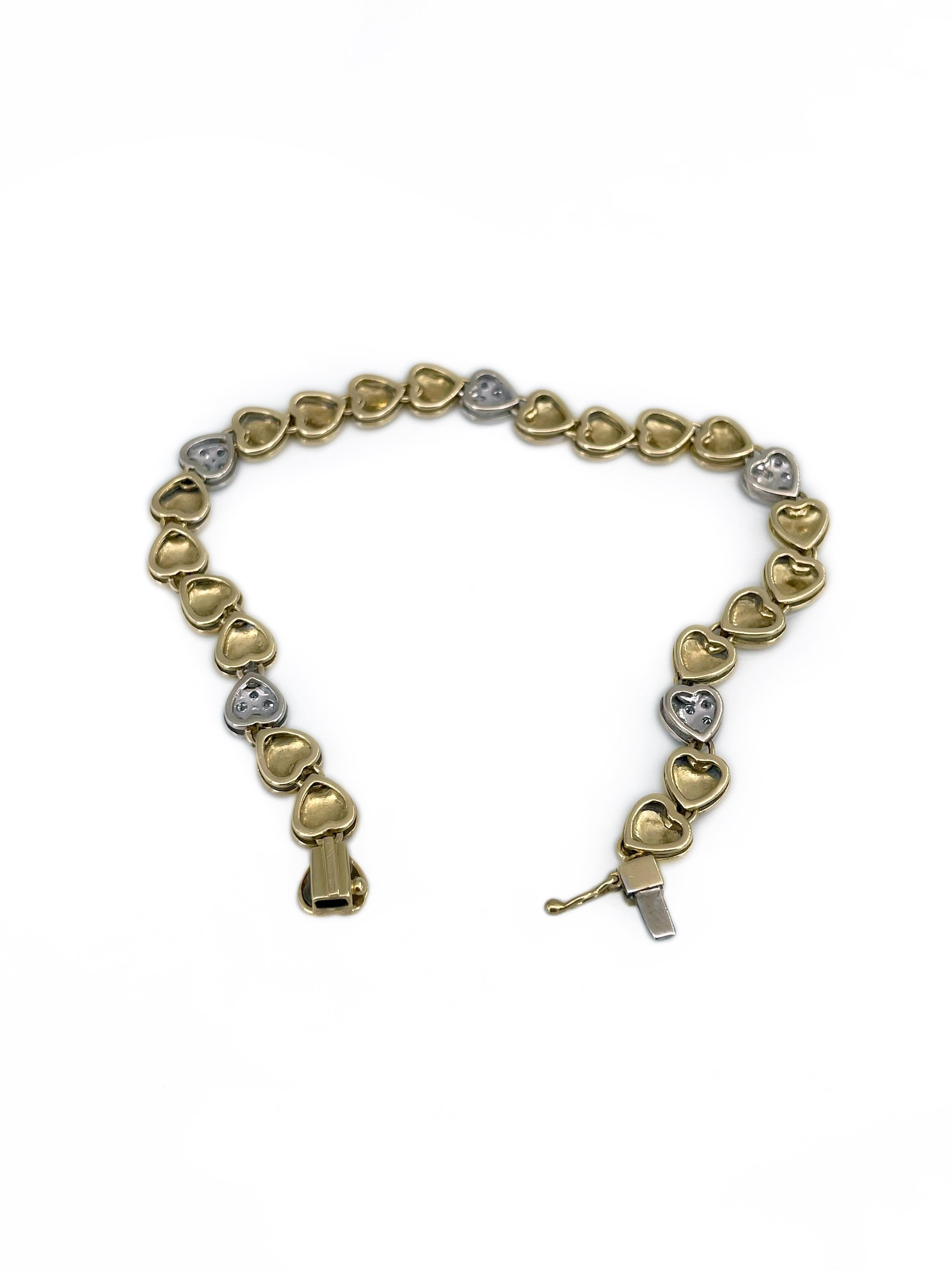 Moderne Bracelet tennis vintage en or jaune 18 carats avec cœurs de diamants 0,24 carat poids total en vente