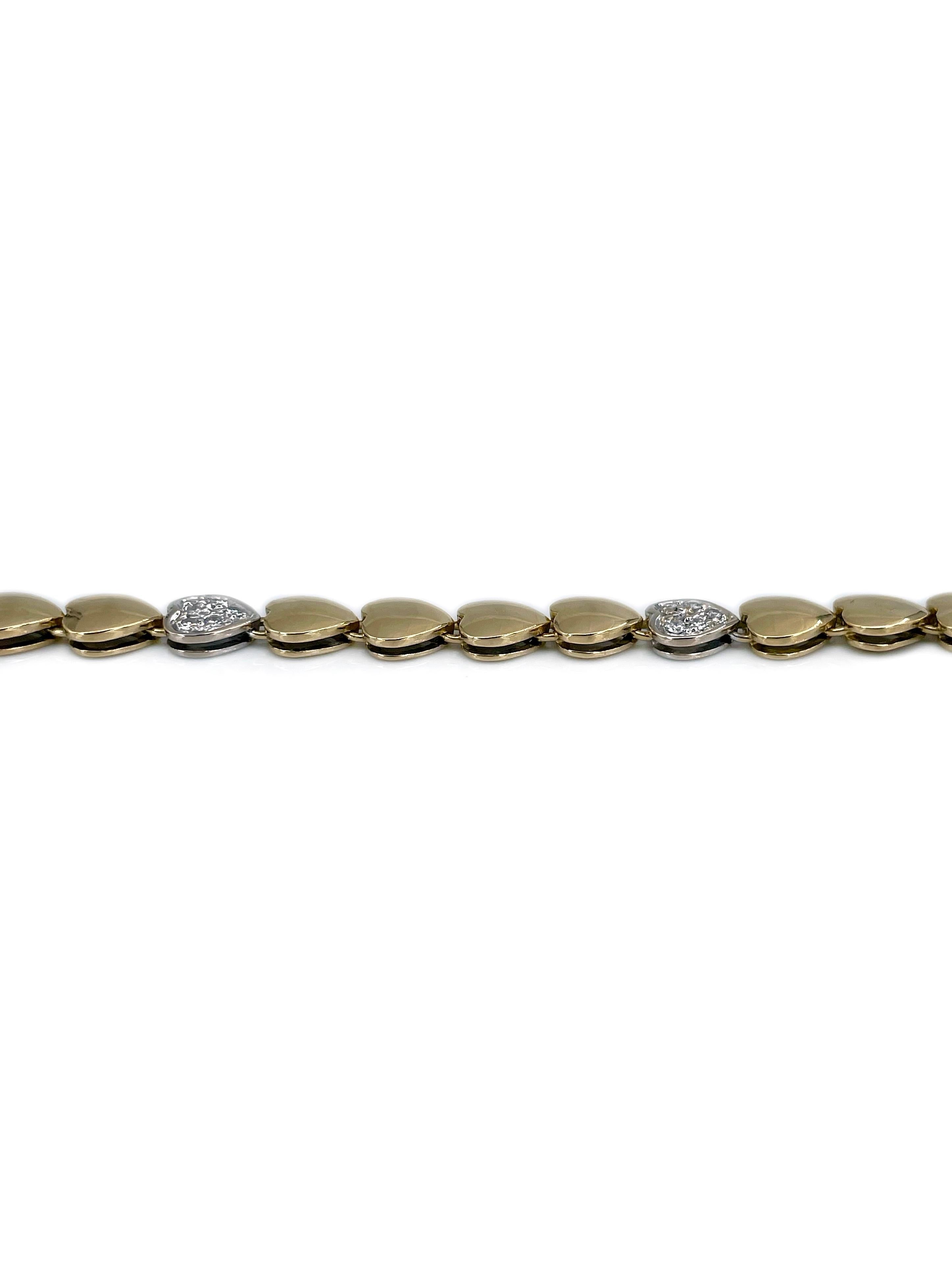 Taille ronde Bracelet tennis vintage en or jaune 18 carats avec cœurs de diamants 0,24 carat poids total en vente