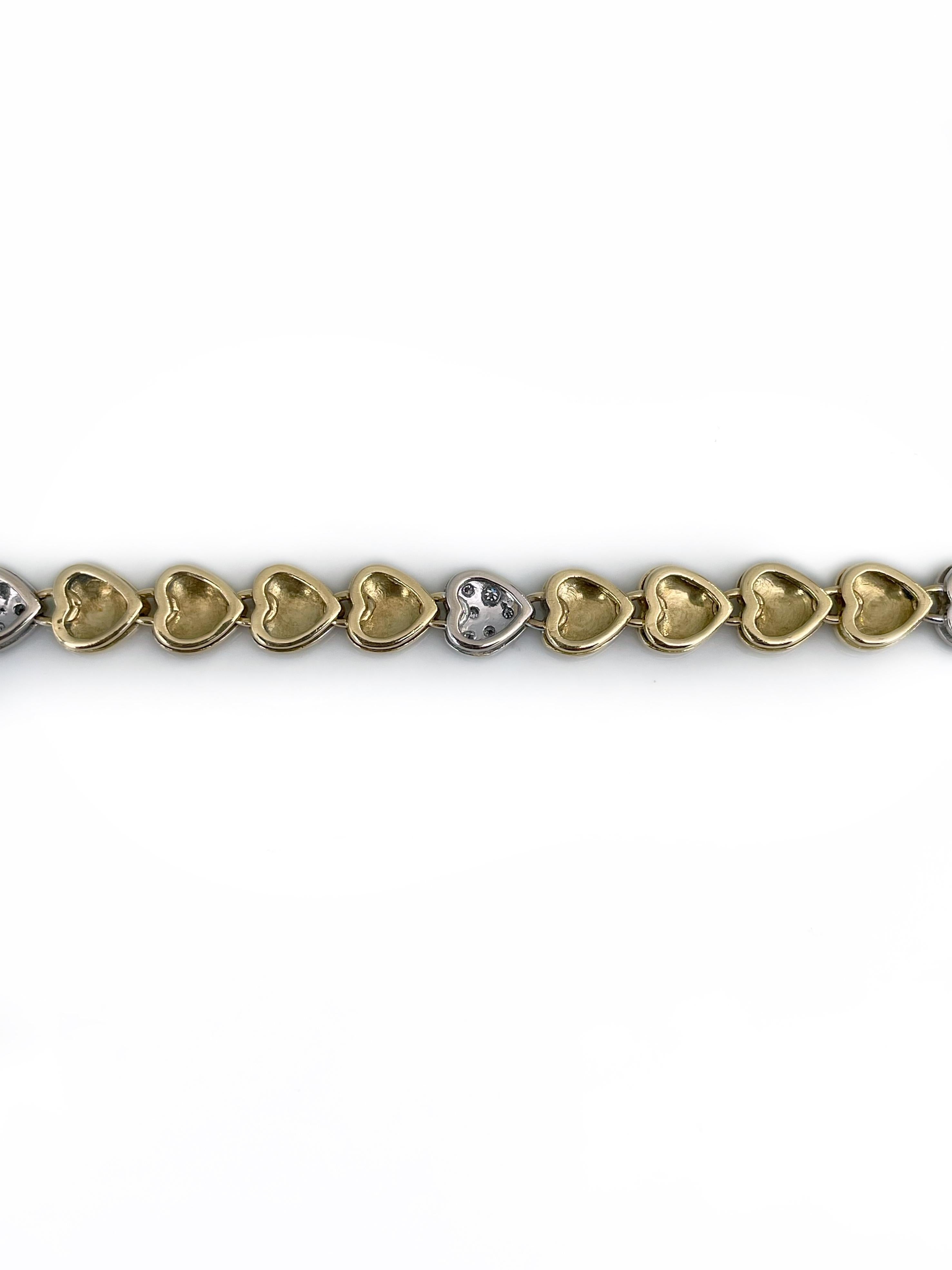 Vintage 18 Karat Yellow Gold TW 0.24 Carat Diamond Heart Tennis Bracelet In Good Condition For Sale In Vilnius, LT
