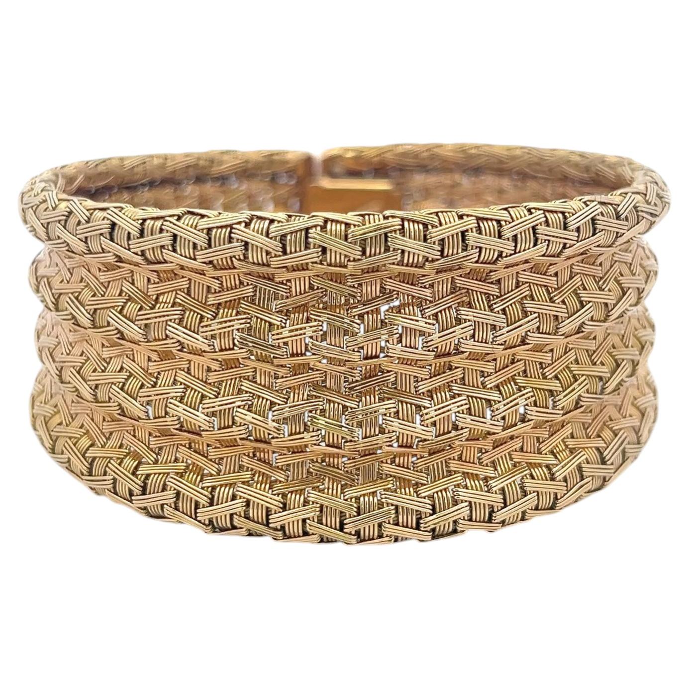 Pulsera tejida ancha vintage de oro amarillo de 18 quilates 60 gramos