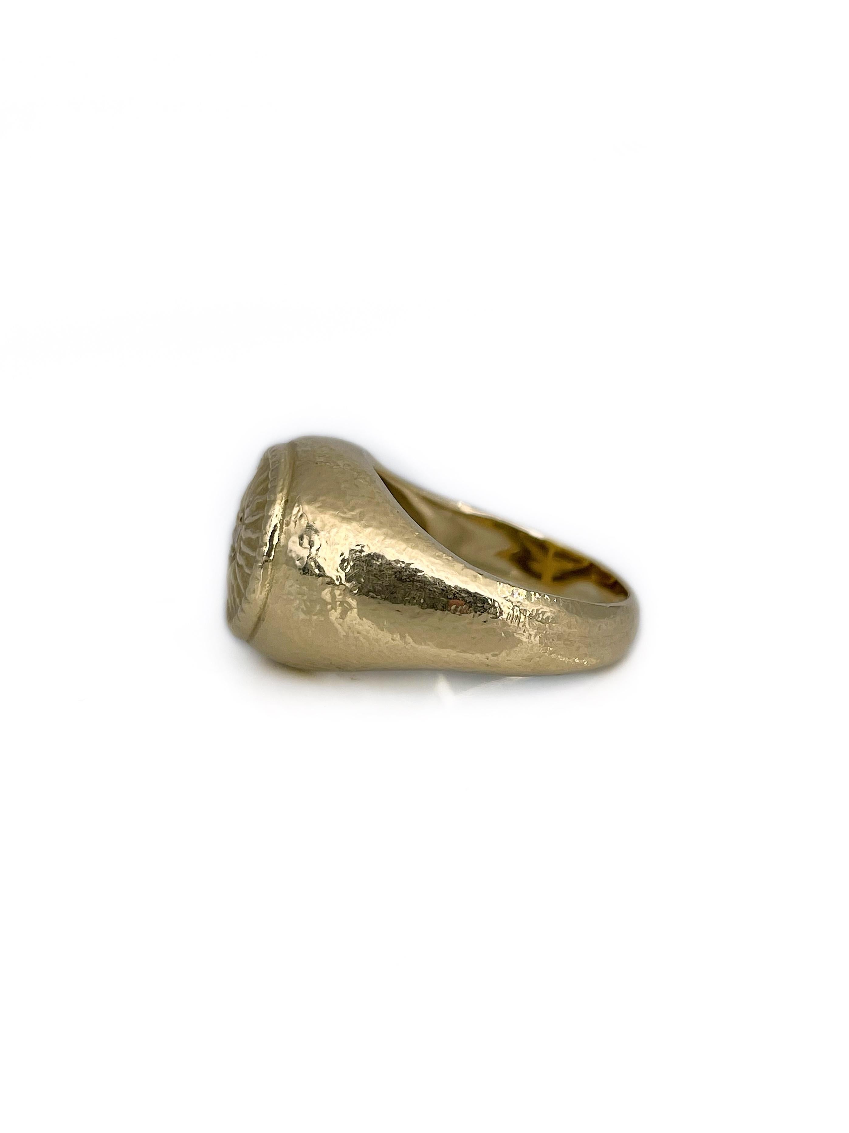 Modern Vintage 18 Karat Yellow Patterned Gold Diamond Sun Motif Signet Ring