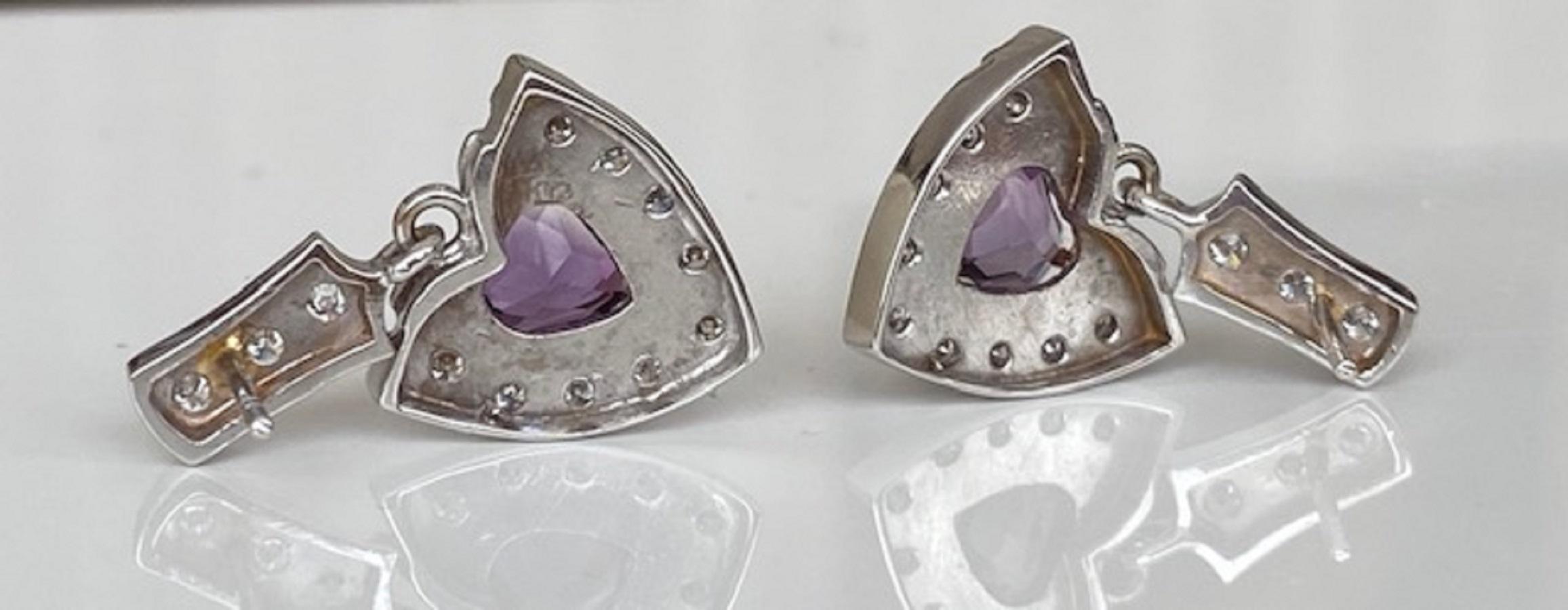 Vintage 18 kt white gold Diamond Dangle earrings studs with Amethyst For Sale 5