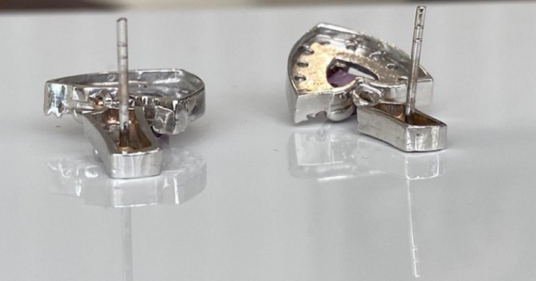 Vintage 18 kt white gold Diamond Dangle earrings studs with Amethyst For Sale 6