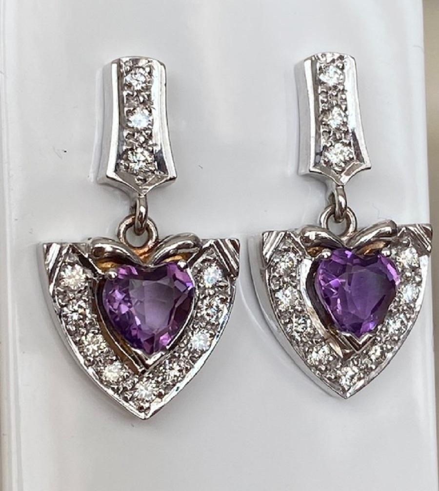 Romantic Vintage 18 kt white gold Diamond Dangle earrings studs with Amethyst For Sale