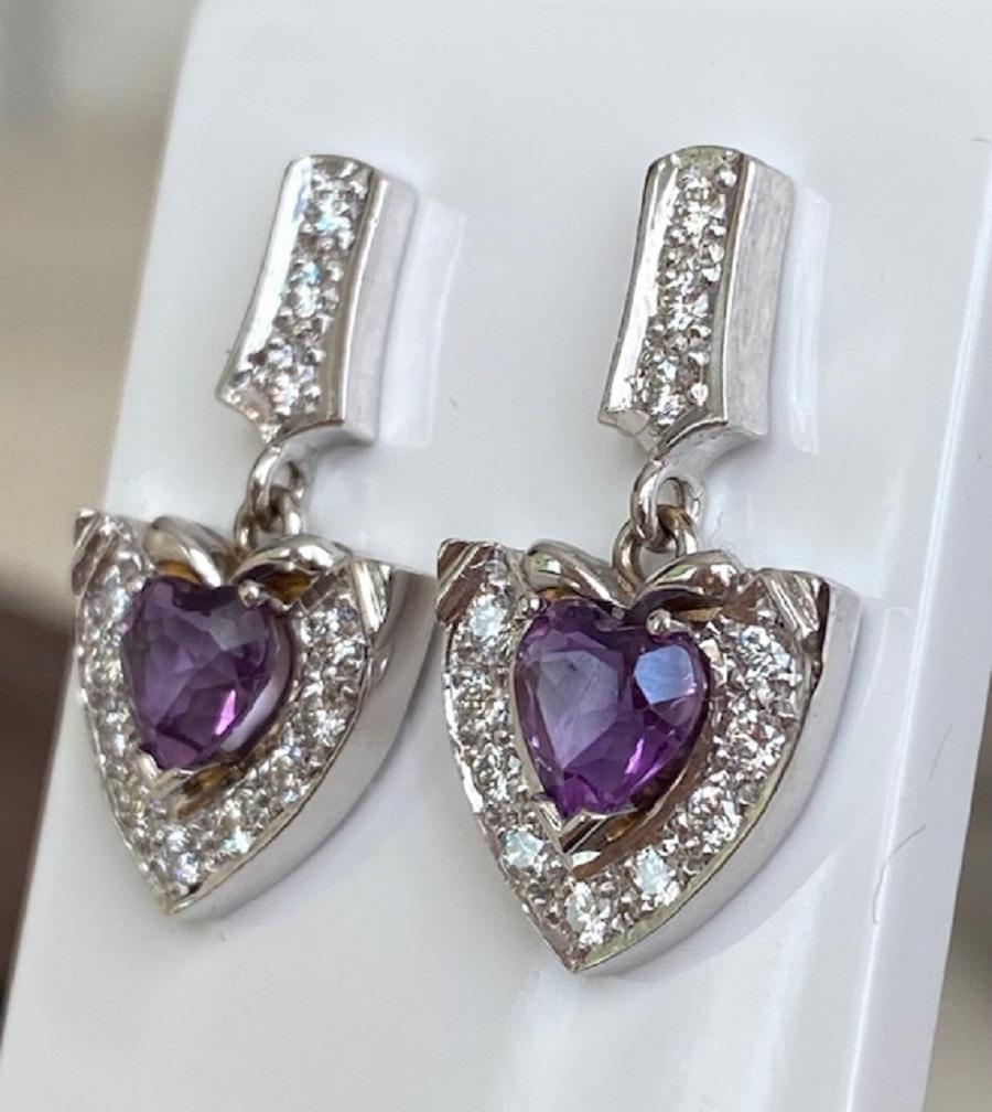 Heart Cut Vintage 18 kt white gold Diamond Dangle earrings studs with Amethyst For Sale