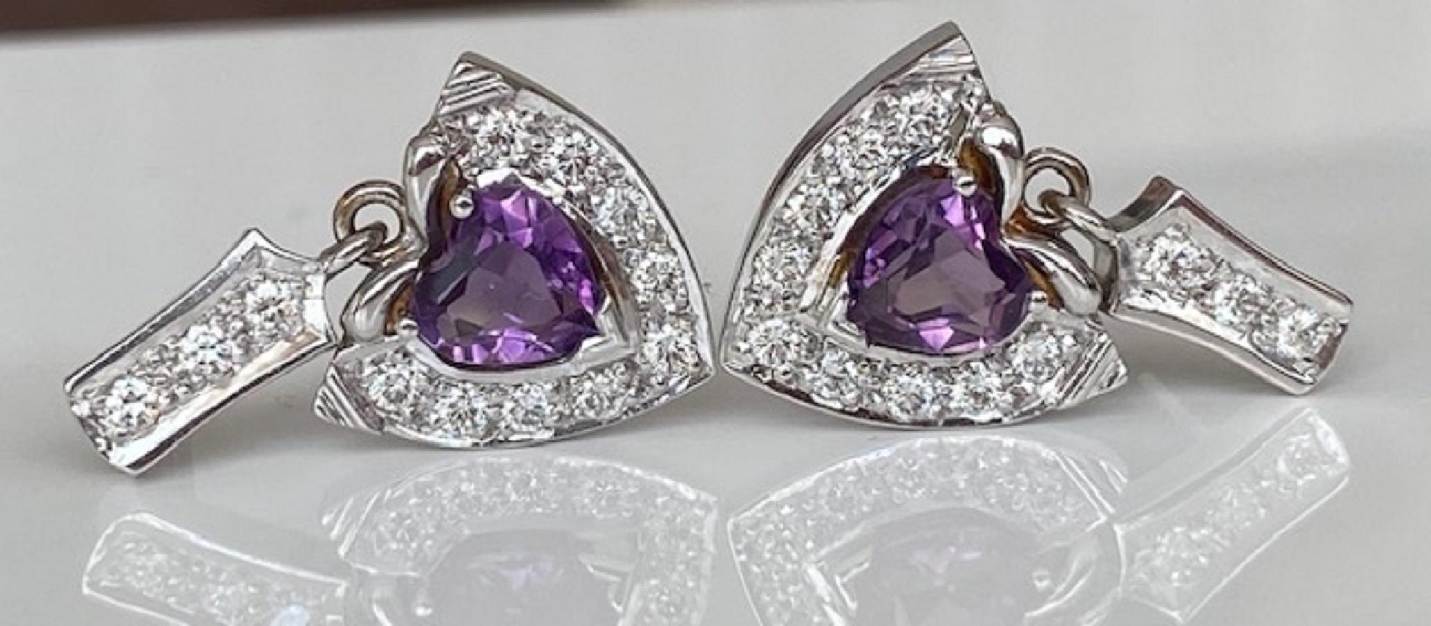 Vintage 18 kt white gold Diamond Dangle earrings studs with Amethyst In Good Condition For Sale In AMSTERDAM, NL
