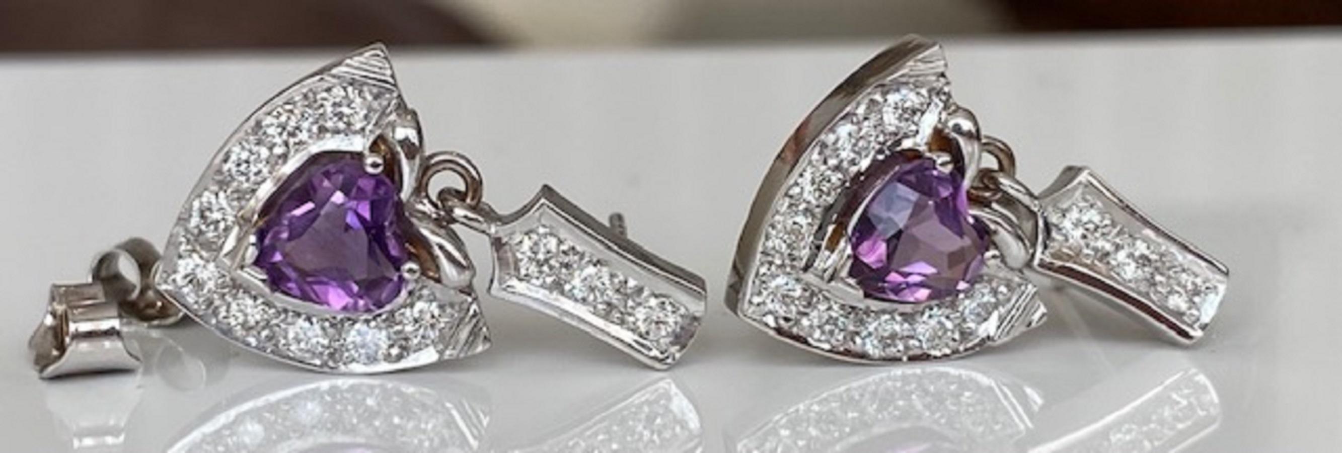Women's Vintage 18 kt white gold Diamond Dangle earrings studs with Amethyst For Sale