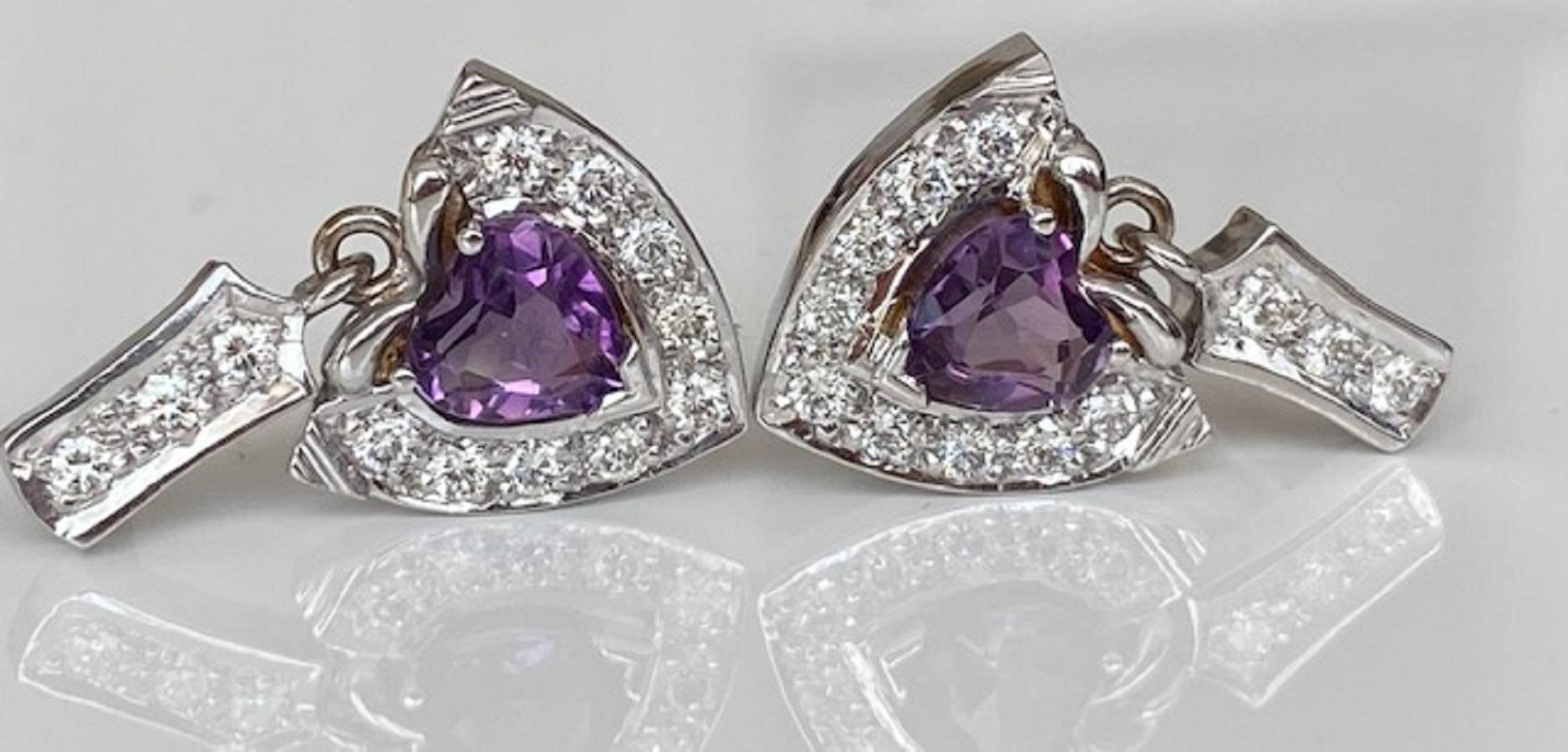 Vintage 18 kt white gold Diamond Dangle earrings studs with Amethyst For Sale 1