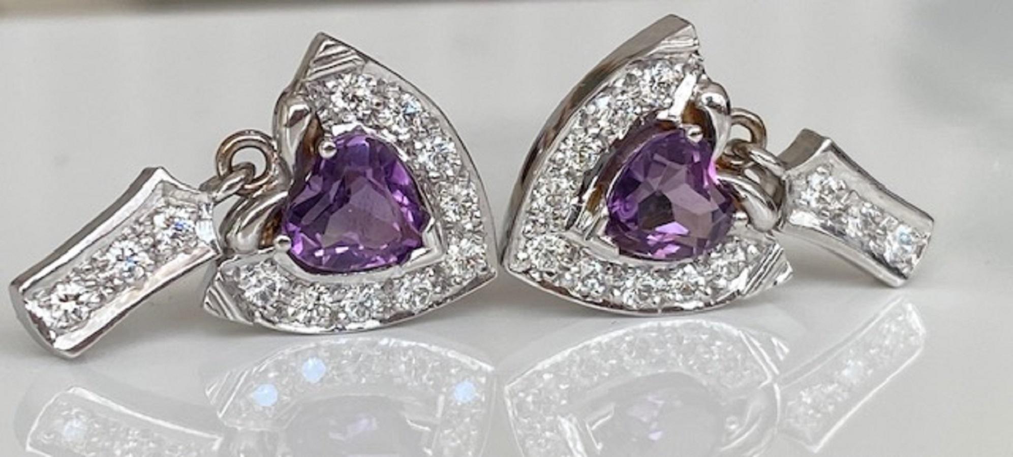 Vintage 18 kt white gold Diamond Dangle earrings studs with Amethyst For Sale 2