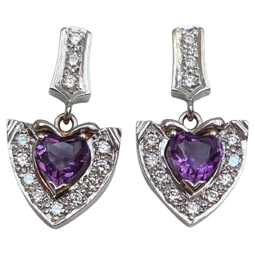 Vintage 18 kt white gold Diamond Dangle earrings studs with Amethyst For Sale