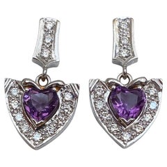Vintage 18 kt white gold Diamond Dangle earrings studs with Amethyst