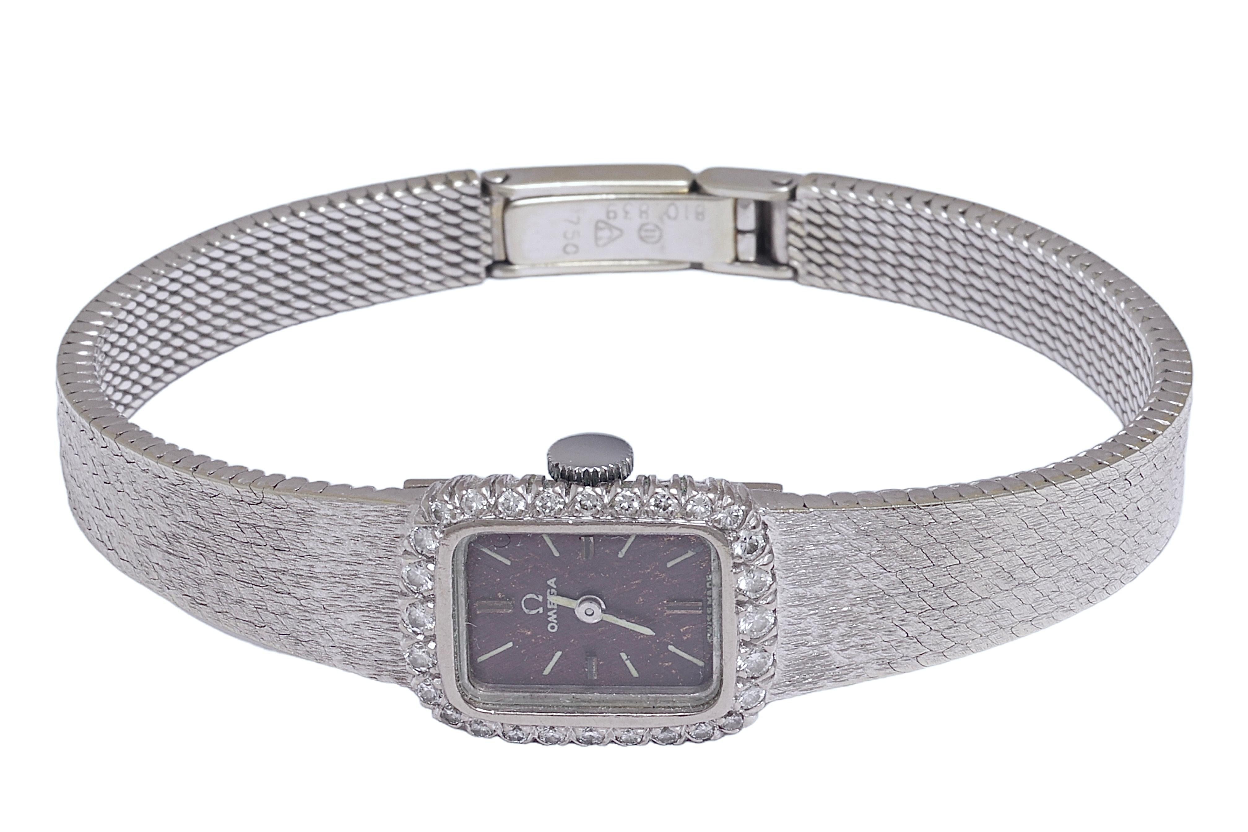 Artisan Vintage 18 kt. White Gold Omega With Diamond Ladies Dress Cocktail Watch For Sale