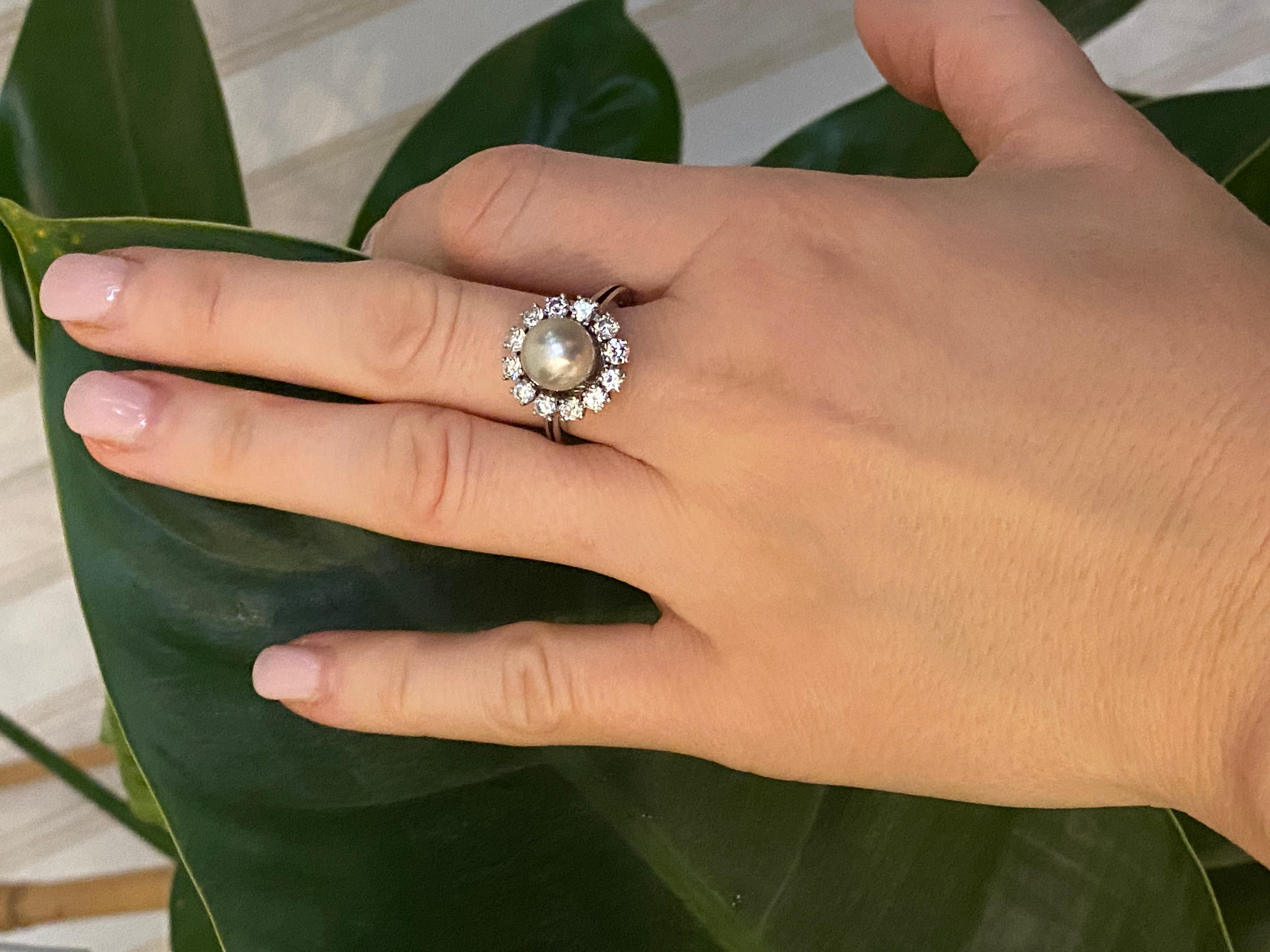 Vintage-Ring aus Weißgold mit  Süßwasserperle und  Diamanten 6