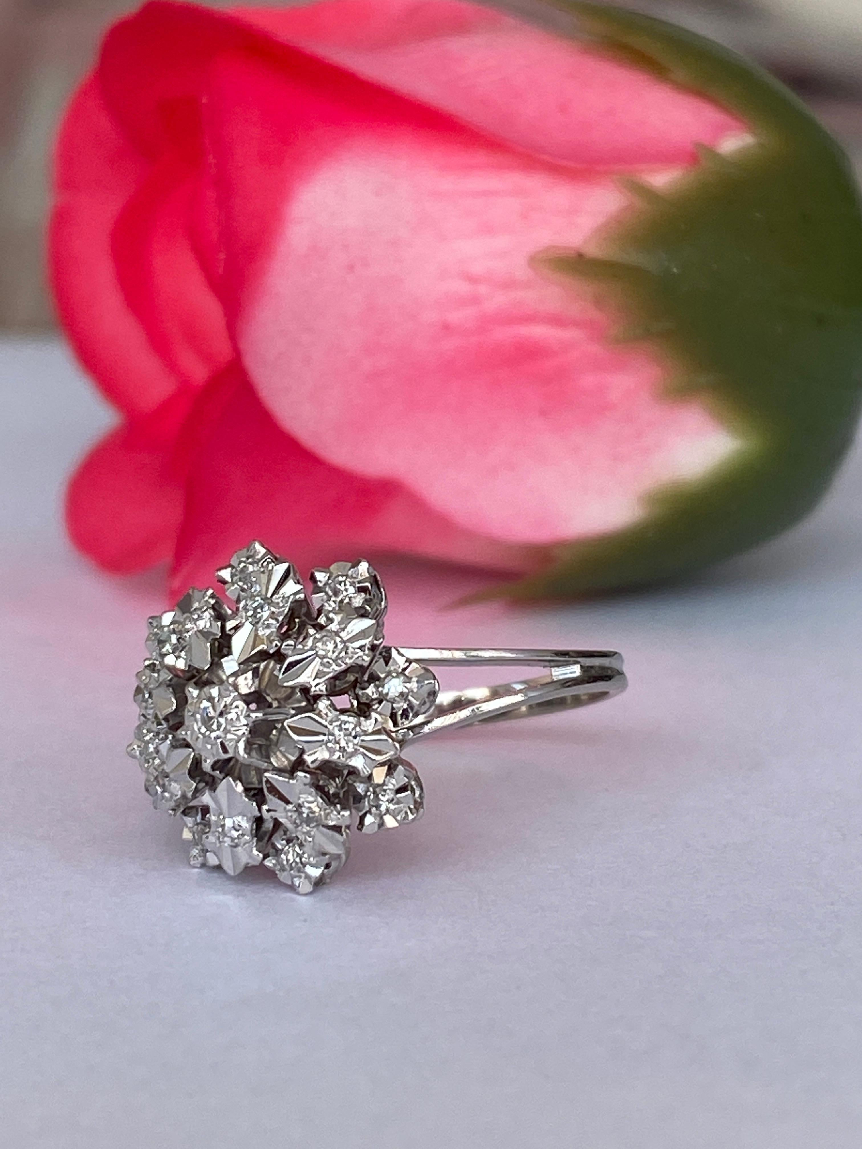 Vintage 18 kt Weißgold Rosette Cluster-Cluster-Diamantenring (Achteckschliff) im Angebot