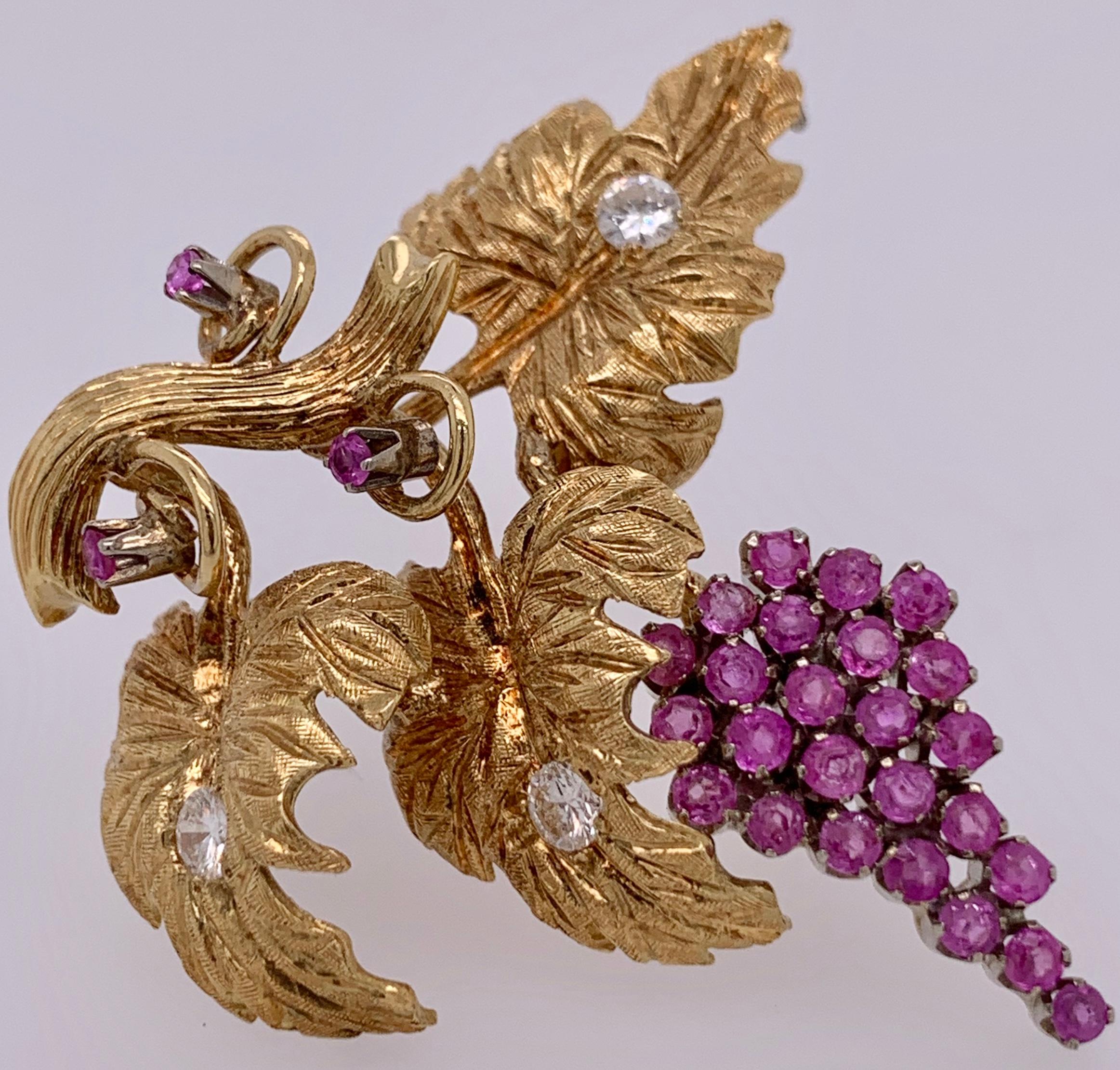 18 Karat Gold Grapevine Brooch with 2 Carat Rubies and .45 Carat Diamonds For Sale 7