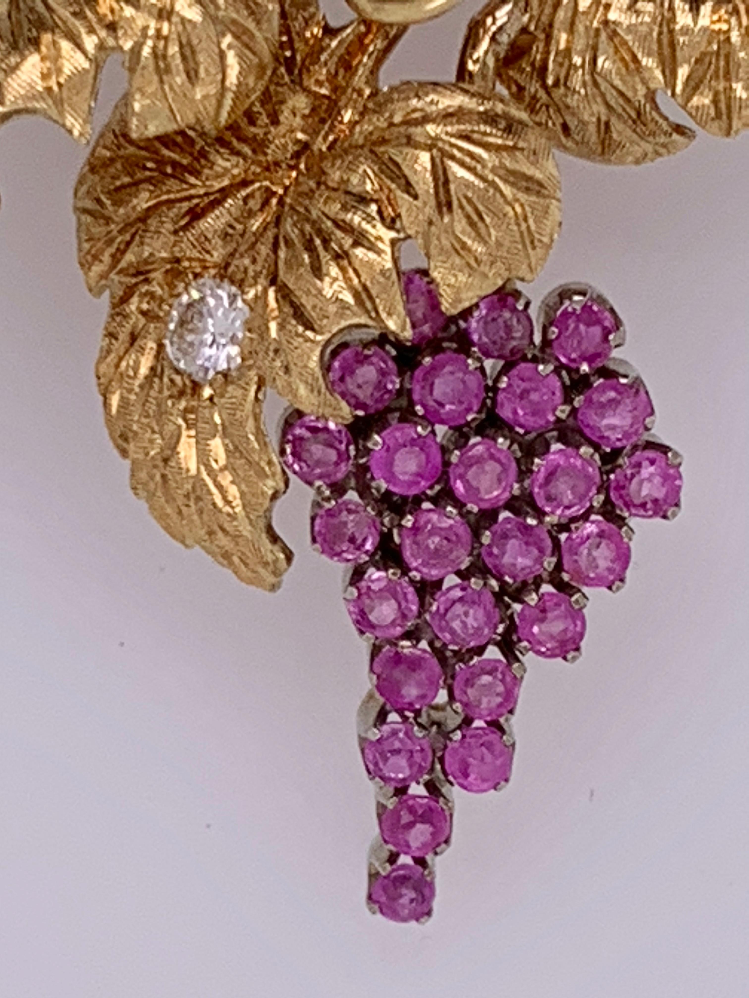 Women's or Men's 18 Karat Gold Grapevine Brooch with 2 Carat Rubies and .45 Carat Diamonds For Sale