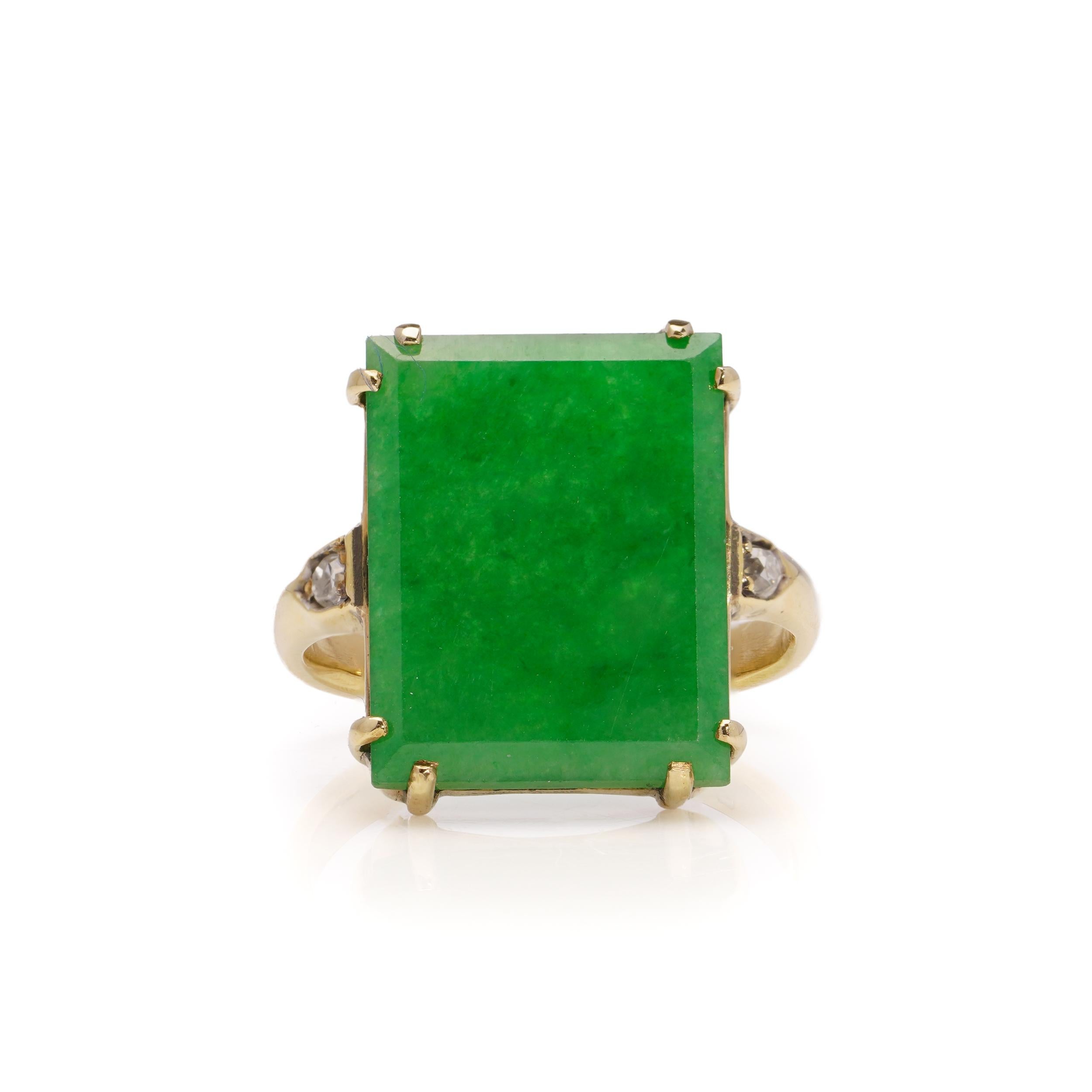 Vintage 18 kt. Yellow gold rectangular-shaped jade and diamond ring.
Made in England, Birmingham, 1929
Maker: H.A ( unidentified )
Fully hallmarked.

Dimensions -
Ring Size (UK) = K (EU) = 52 (US) = 5.5
Ring size: 2.3 x 1.8 x 1.7 cm 
Weight: 3.7