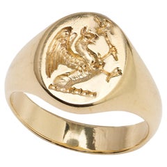 Vintage 18 Kt. Yellow Gold Signet Ring, Featuring a Dragon Holding Axe