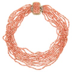 Vintage 18" Multi Strand Coral Necklace W/ 14k Gold Carved Coral Clasp/Pendant