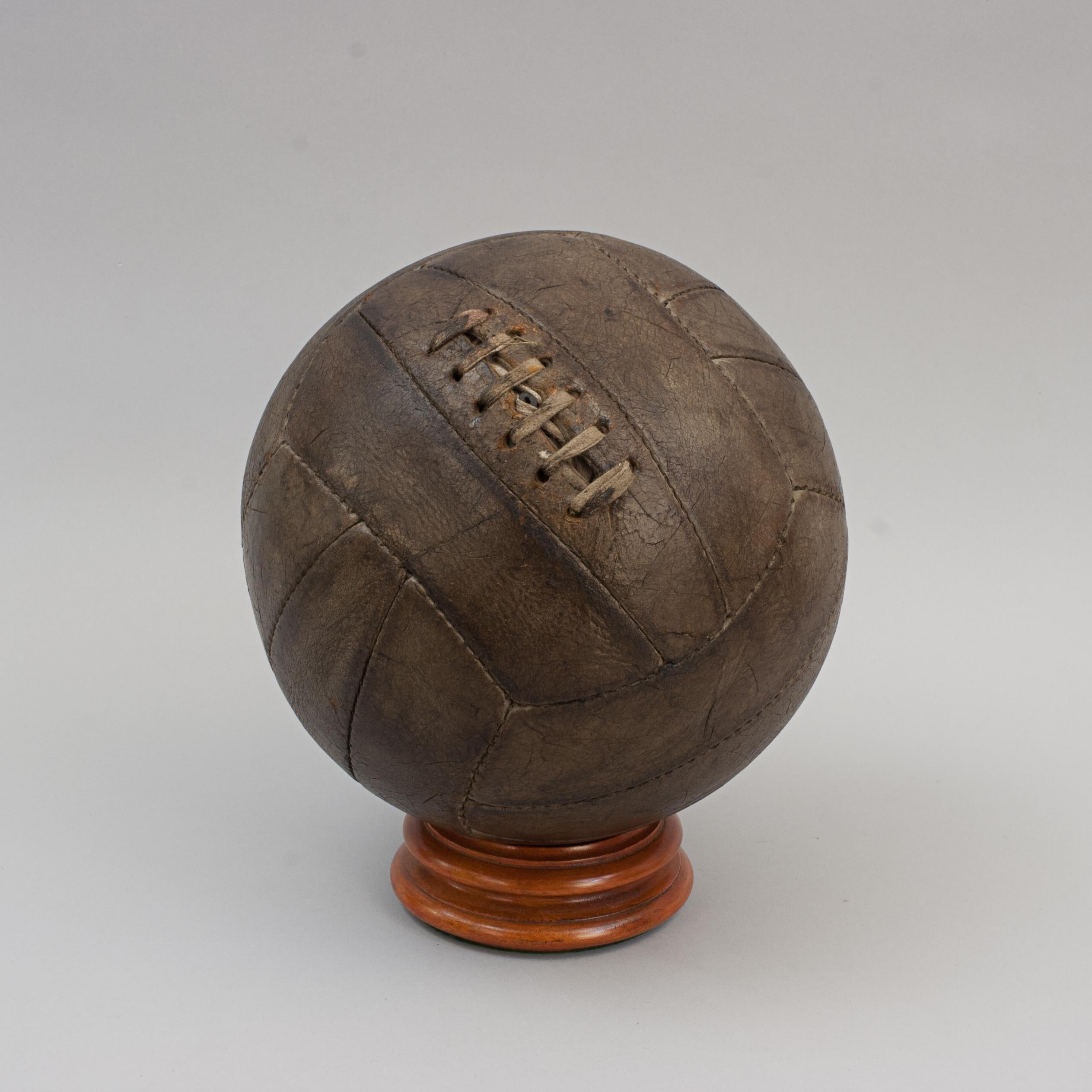 An Original  Vintage 18 Panel Lace Up Leather Football.
A great vintage leather soccer ball with eleven hand sewn leather panels. The ball has a lace-up slit to the top to enable bladder inflation, there is an internal rubber bladder inside. The