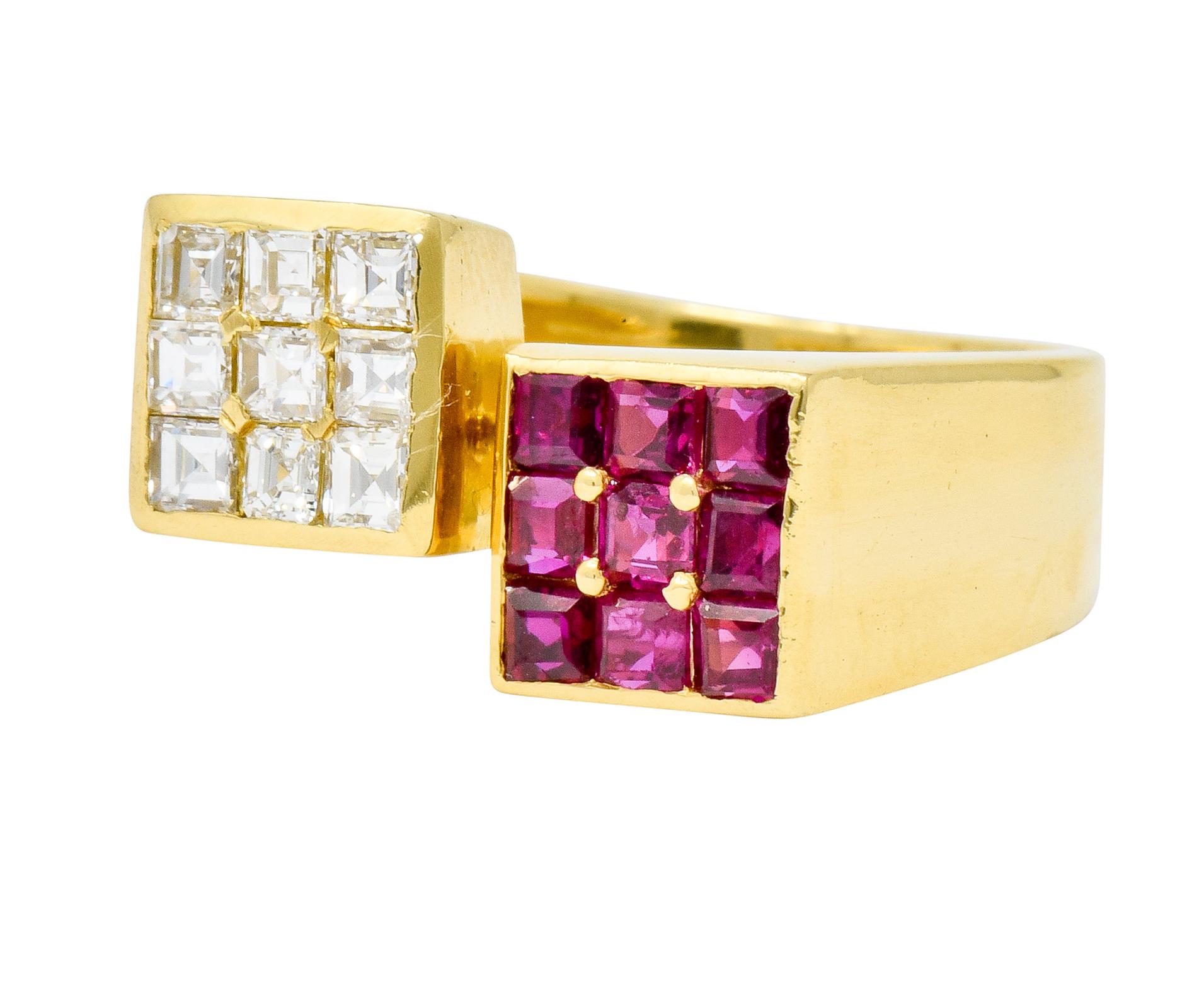 Women's or Men's Vintage 1.80 Carat Ruby Diamond 18 Karat Gold Square Bypass Ring