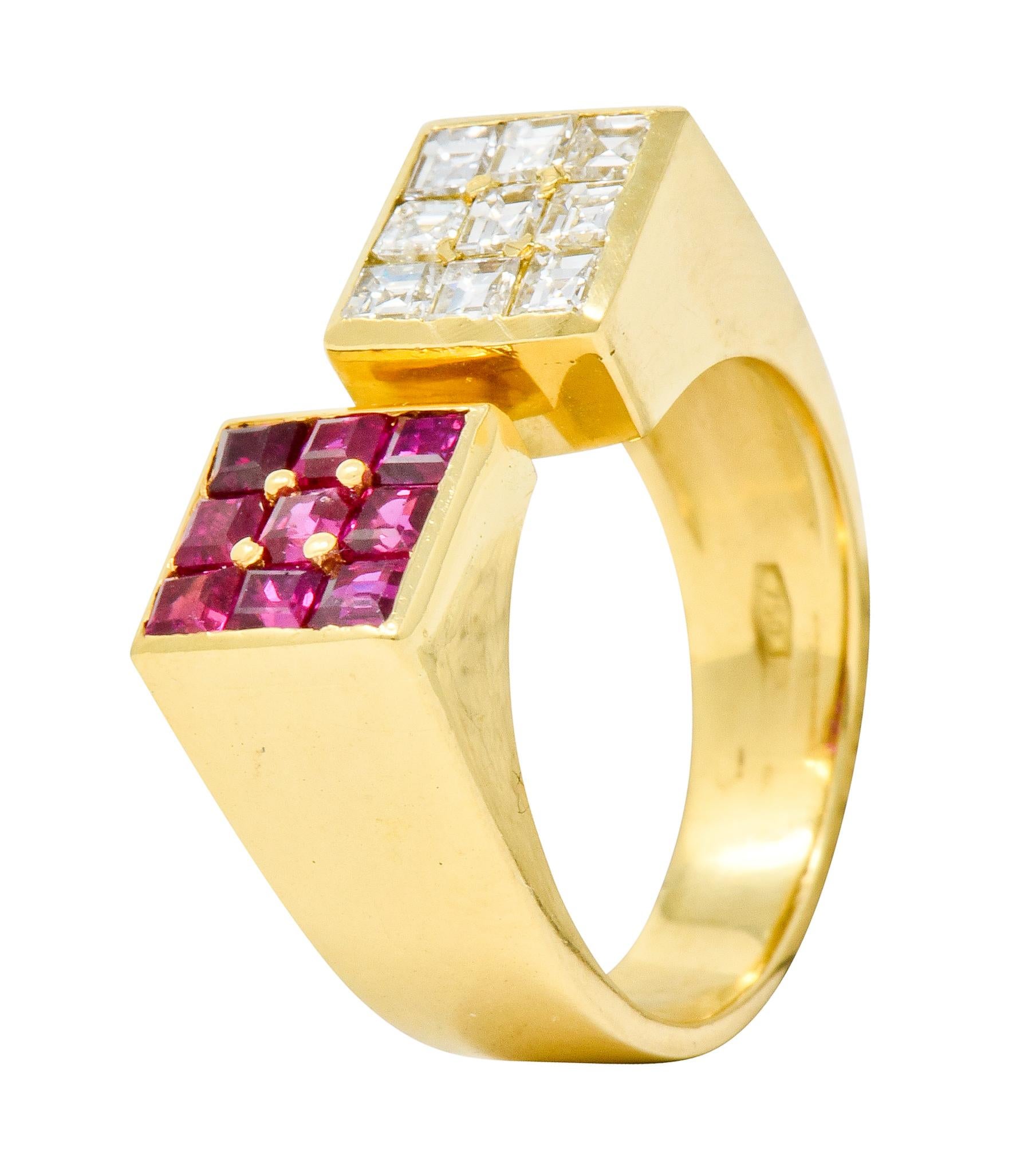 Vintage 1.80 Carat Ruby Diamond 18 Karat Gold Square Bypass Ring 3