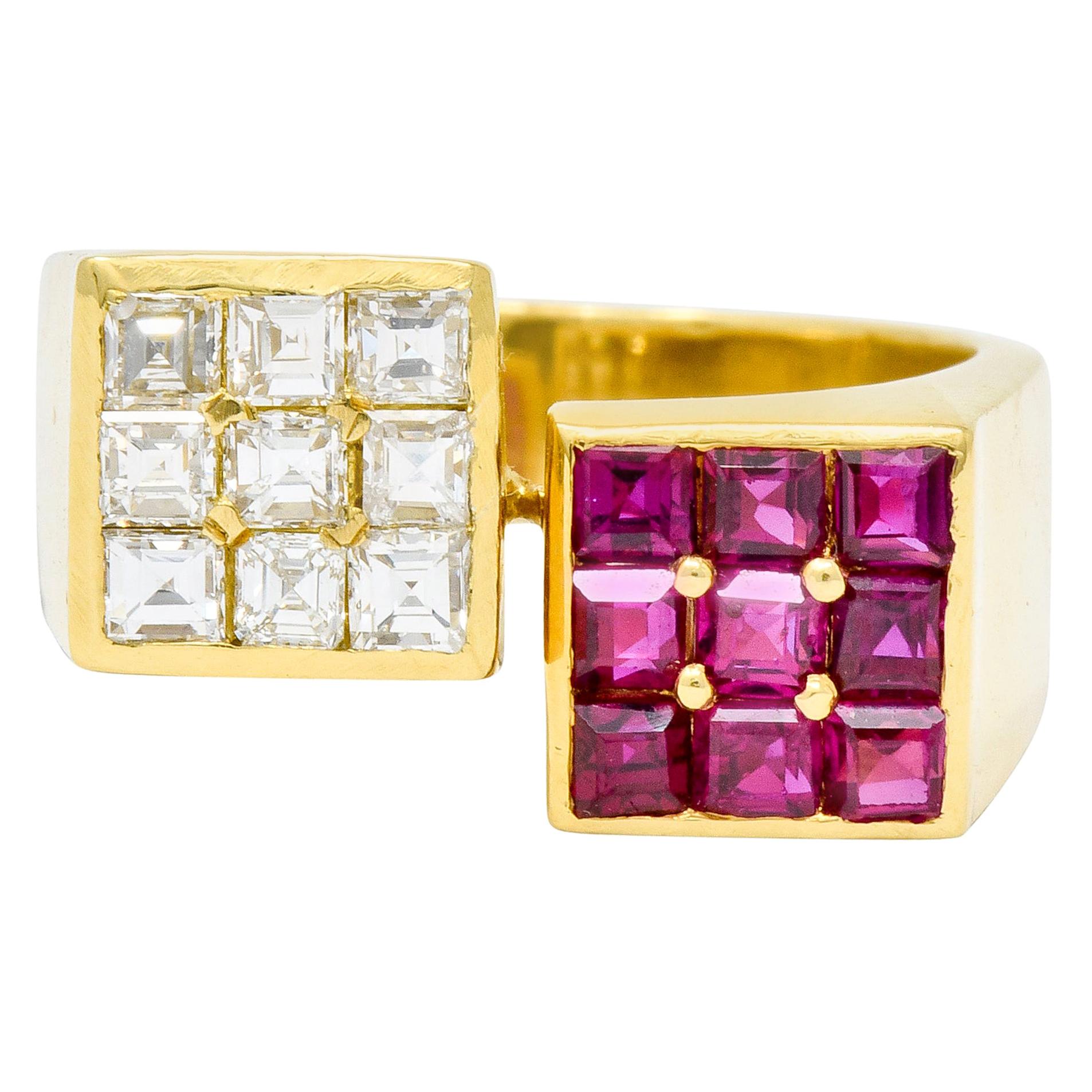 Vintage 1.80 Carat Ruby Diamond 18 Karat Gold Square Bypass Ring