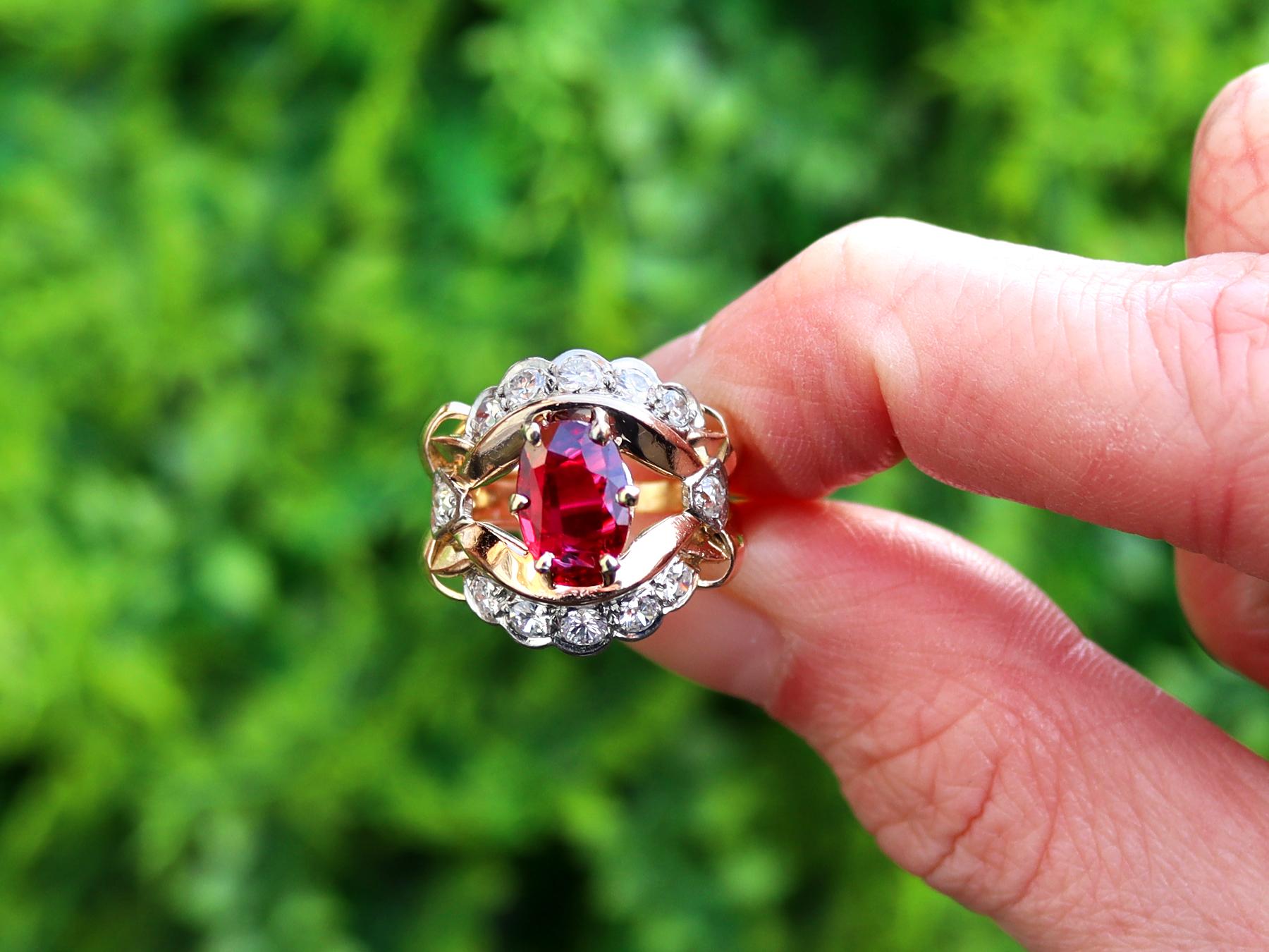 A stunning, fine and impressive vintage 1.80 carat Thai ruby and 1.12 carat diamond, 18 karat yellow gold and platinum set dress ring; part of our diverse vintage ruby jewellery collections.

This stunning, fine and impressive vintage ruby ring has