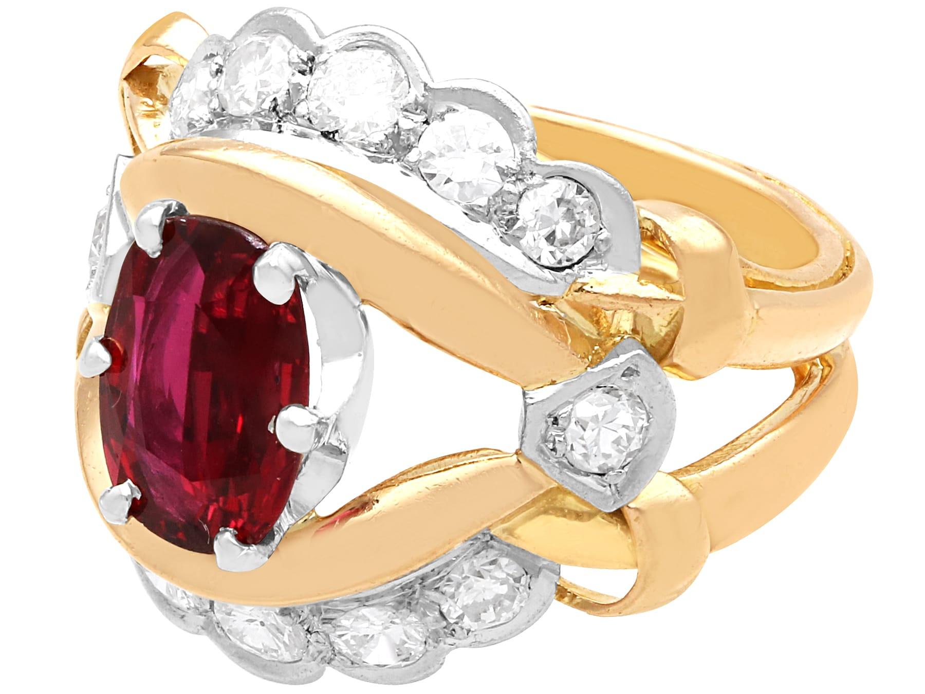 Oval Cut Vintage 1.80 Carat Thai Ruby and 1.12 Carat Diamond 18k Yellow Gold Dress Ring For Sale