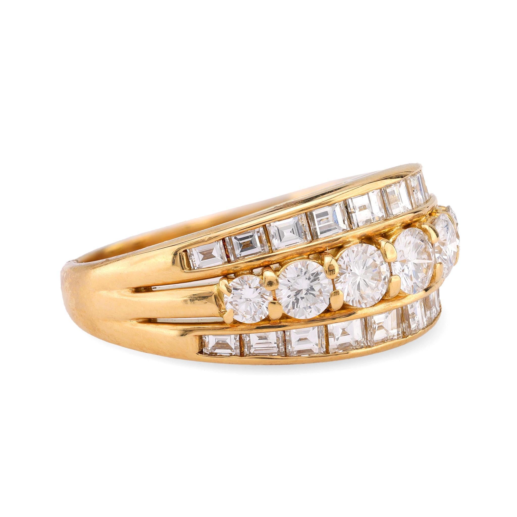 Modern Vintage 1.80 carat total weight diamond 18k yellow gold three row band