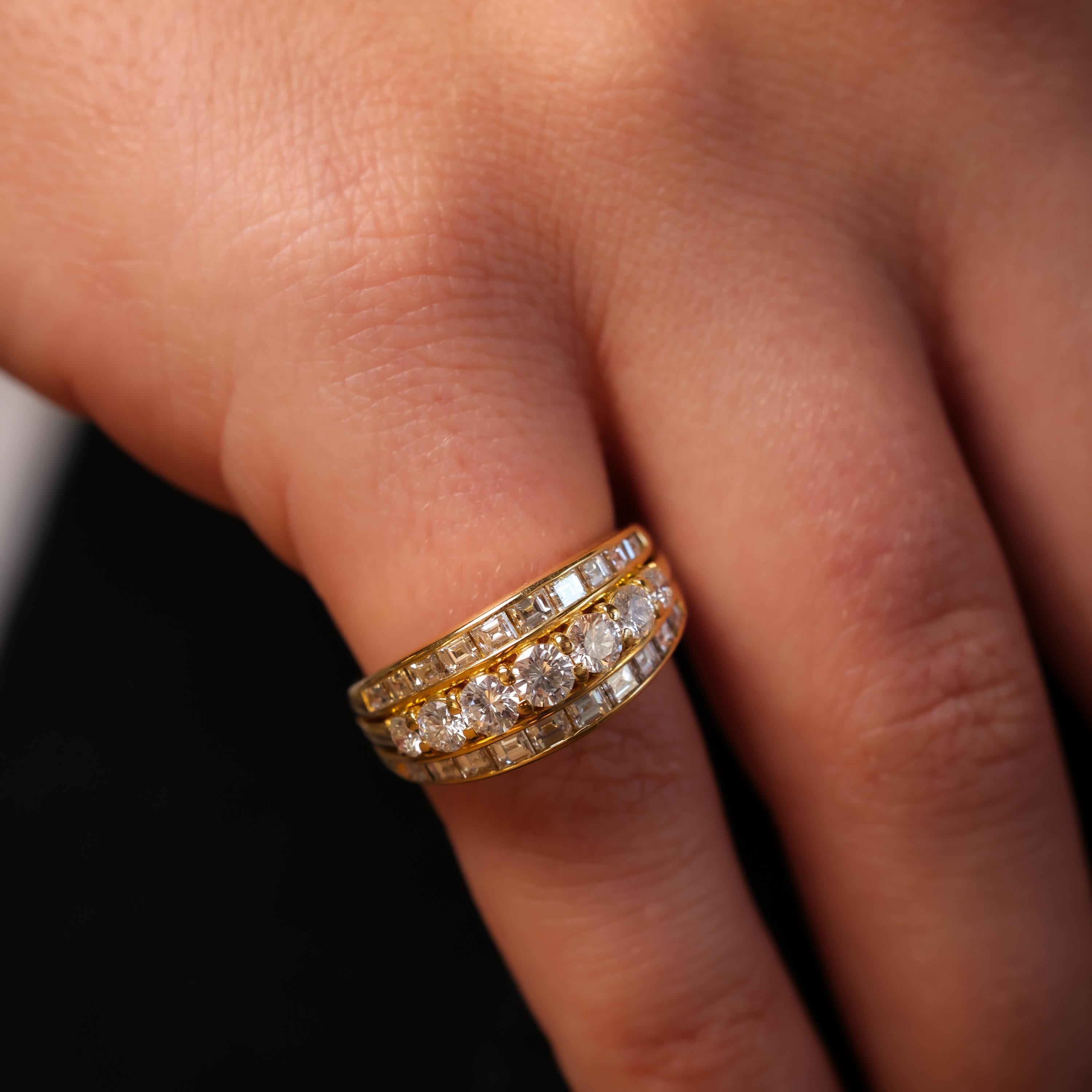 Baguette Cut Vintage 1.80 carat total weight diamond 18k yellow gold three row band