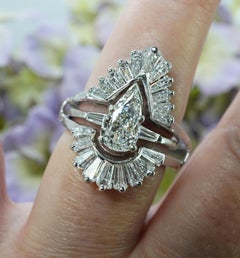 Vintage 1.80ct Baguette Diamond Wedding Guard Ring 14K White Gold Estate Pear