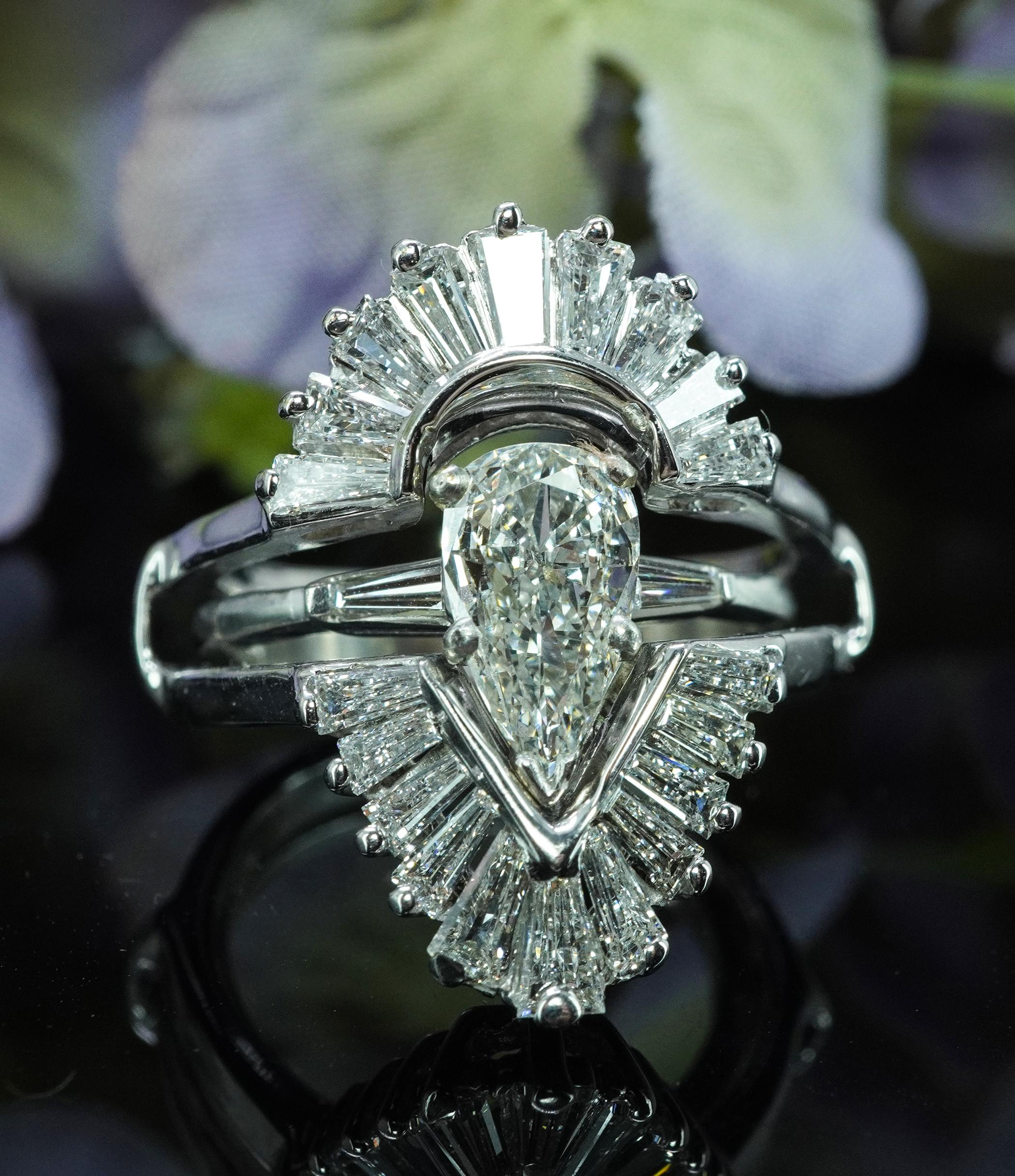 Baguette Cut Vintage 1.80ct Baguette Diamond Wedding Guard Ring 14K White Gold Estate Pear For Sale