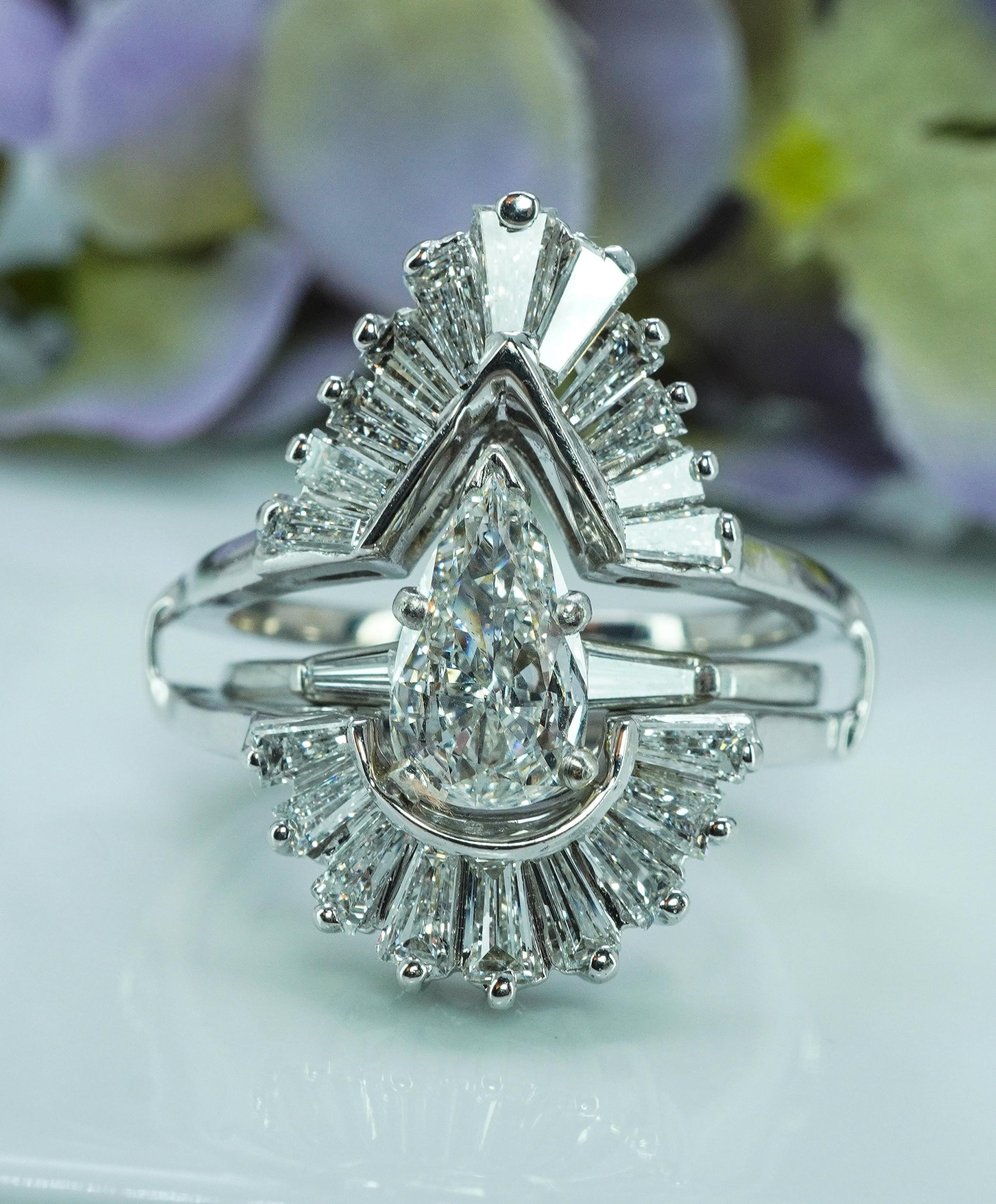 Vintage 1.80ct Baguette Diamond Wedding Guard Ring 14K White Gold Estate Pear In Good Condition For Sale In Brambleton, US