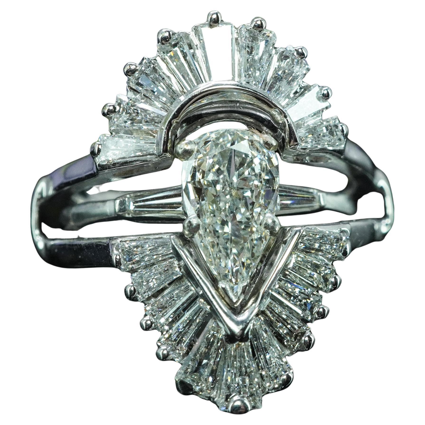 Vintage 1.80ct Baguette Diamond Wedding Guard Ring 14K White Gold Estate Pear For Sale