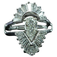 Vintage 1.80ct Baguette Diamante Boda Guarda Anillo 14K Oro Blanco Estate Pear
