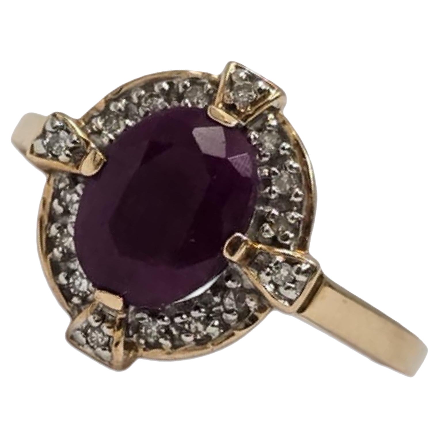 Anello vintage con rubino da 1,80 carati e diamanti a raggiera in oro 14k