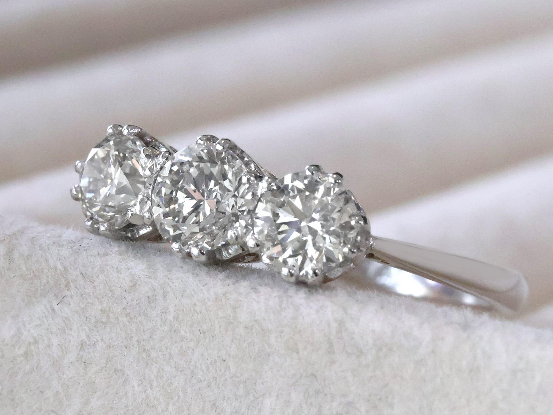 Round Cut Vintage 1.81 Carat Diamond and Platinum Trilogy Ring Circa 1945 For Sale