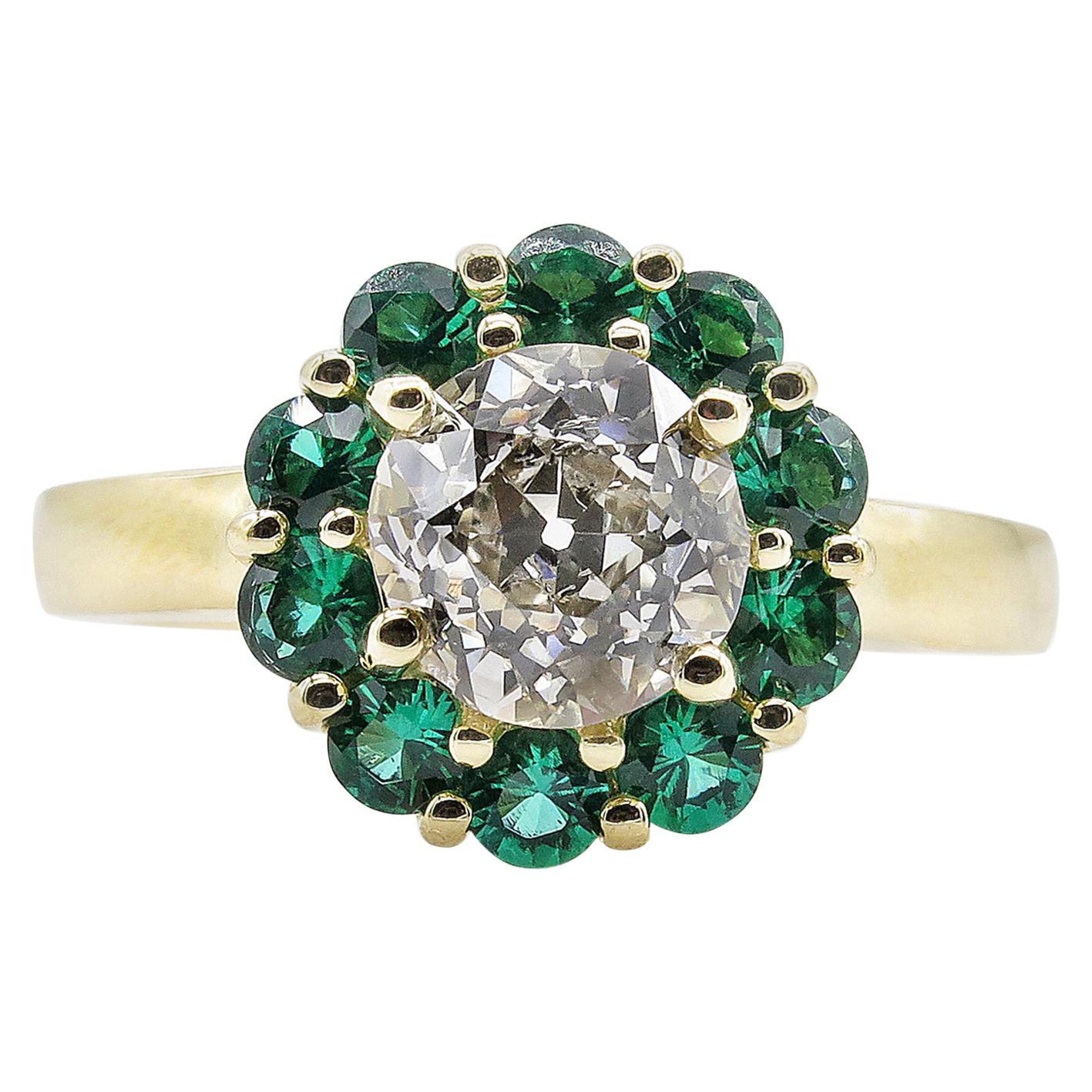 Bague de mariage vintage en or jaune avec grappe de diamants taille vieille Europe de 1,82 carat