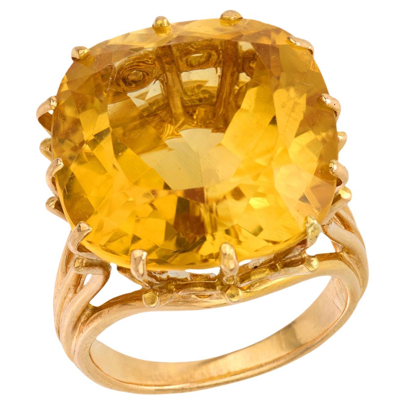 Anillo de cóctel vintage de oro amarillo de 18,20 quilates de citrino talla cojín