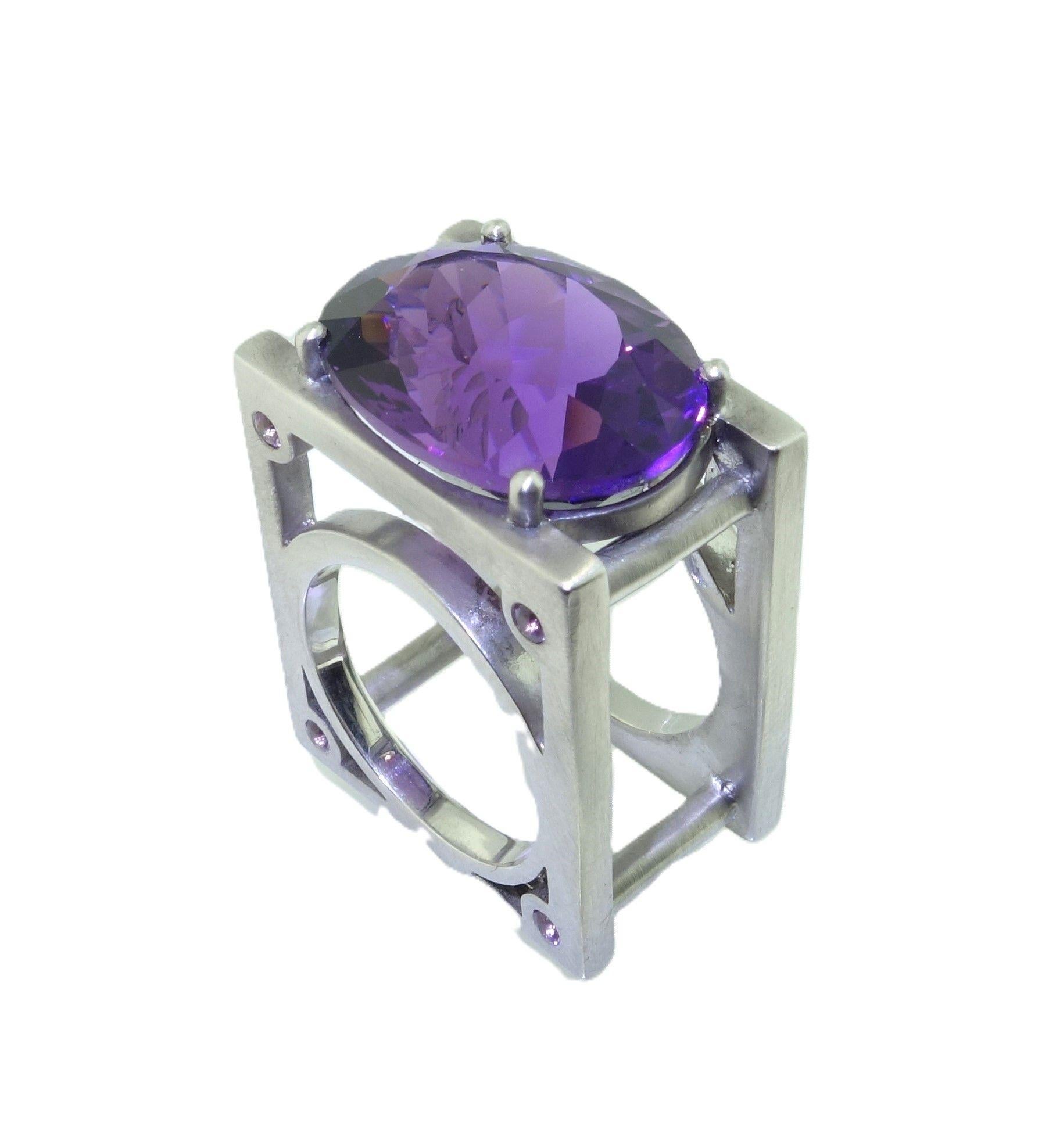 Mixed Cut Vintage 18.22 Carat Amethyst and Sapphire Sterling Silver Architectural Ring For Sale