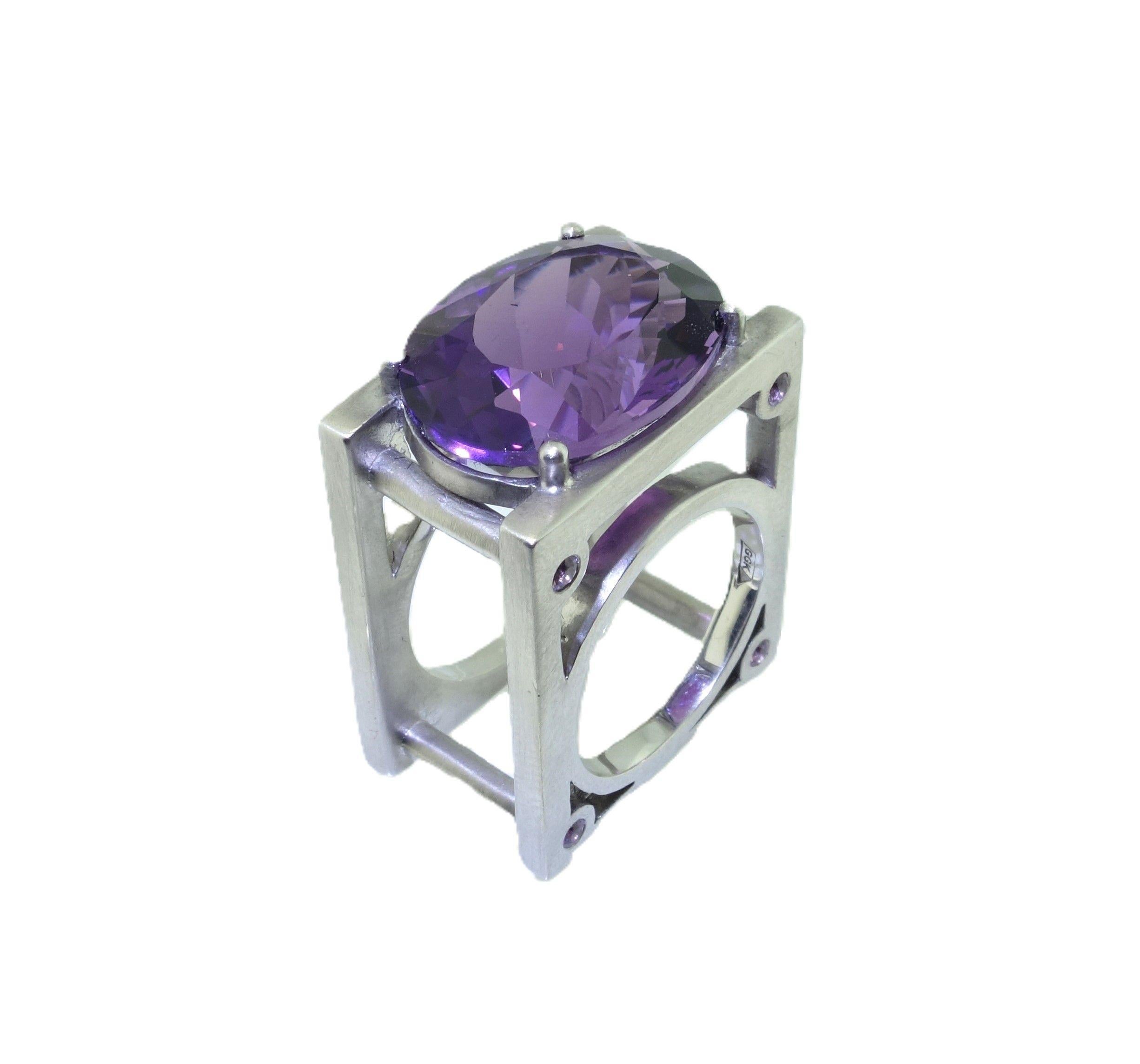 Women's 18.22 Carat Amethyst and Sapphire Sterling Silver Architectural Statement Ring For Sale