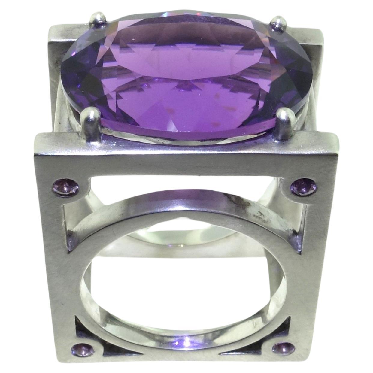 Vintage 18.22 Carat Amethyst and Sapphire Sterling Silver Architectural Ring For Sale