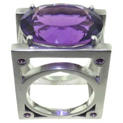 Vintage 18.22 Carat Amethyst and Sapphire Sterling Silver Architectural Ring