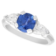 Vintage 1.83 Carat Sapphire and 0.66 Carat Pear Diamond Platinum Ring Circa 1980