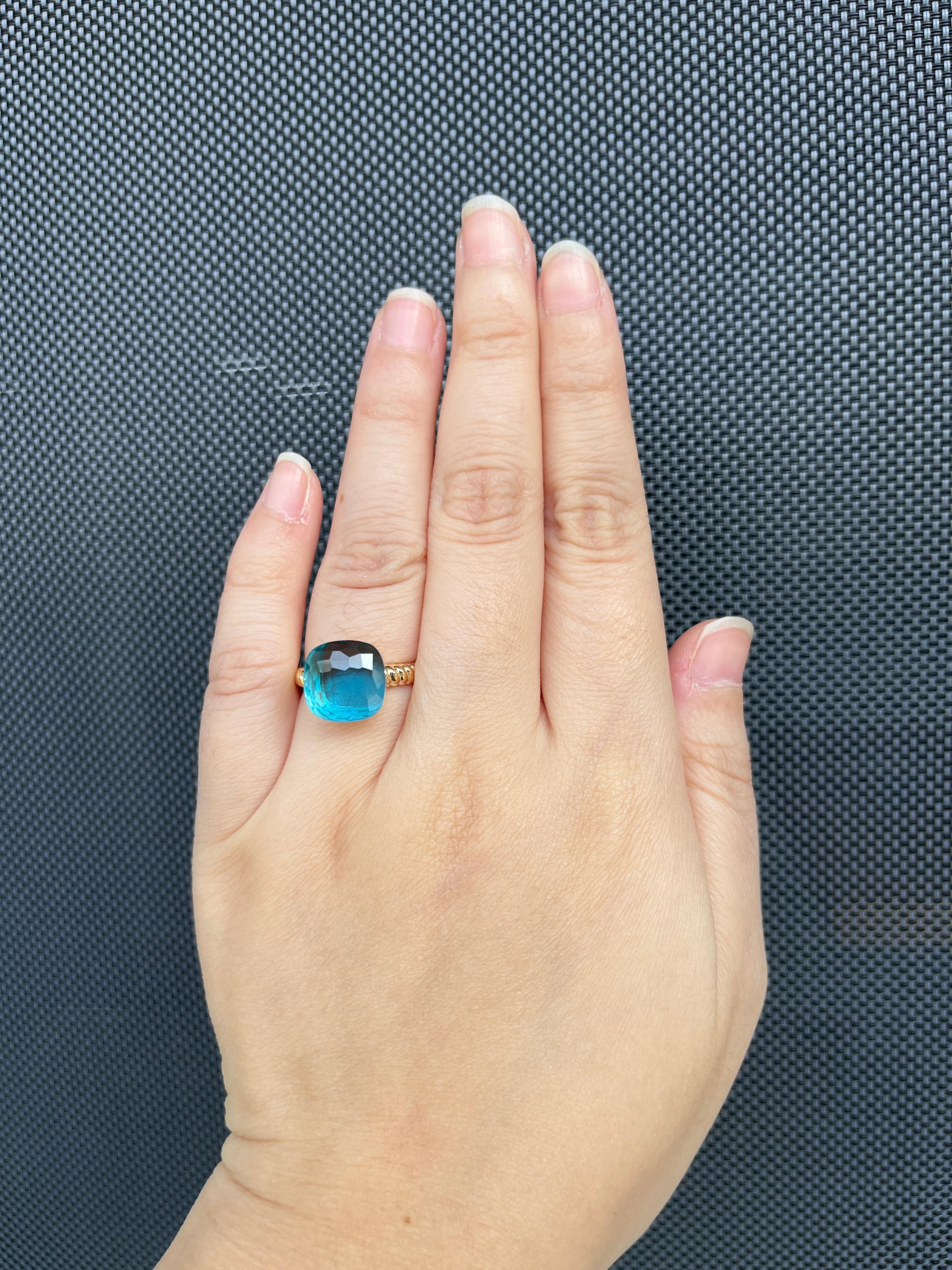 Anello vintage con topazio blu taglio cuscino da 18,3 carati in oro giallo 14 carati in vendita 2