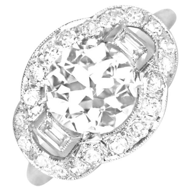 Vintage 1.84ct Old Euro-Cut Diamond Ring, Diamond Halo, Platinum, circa 1935