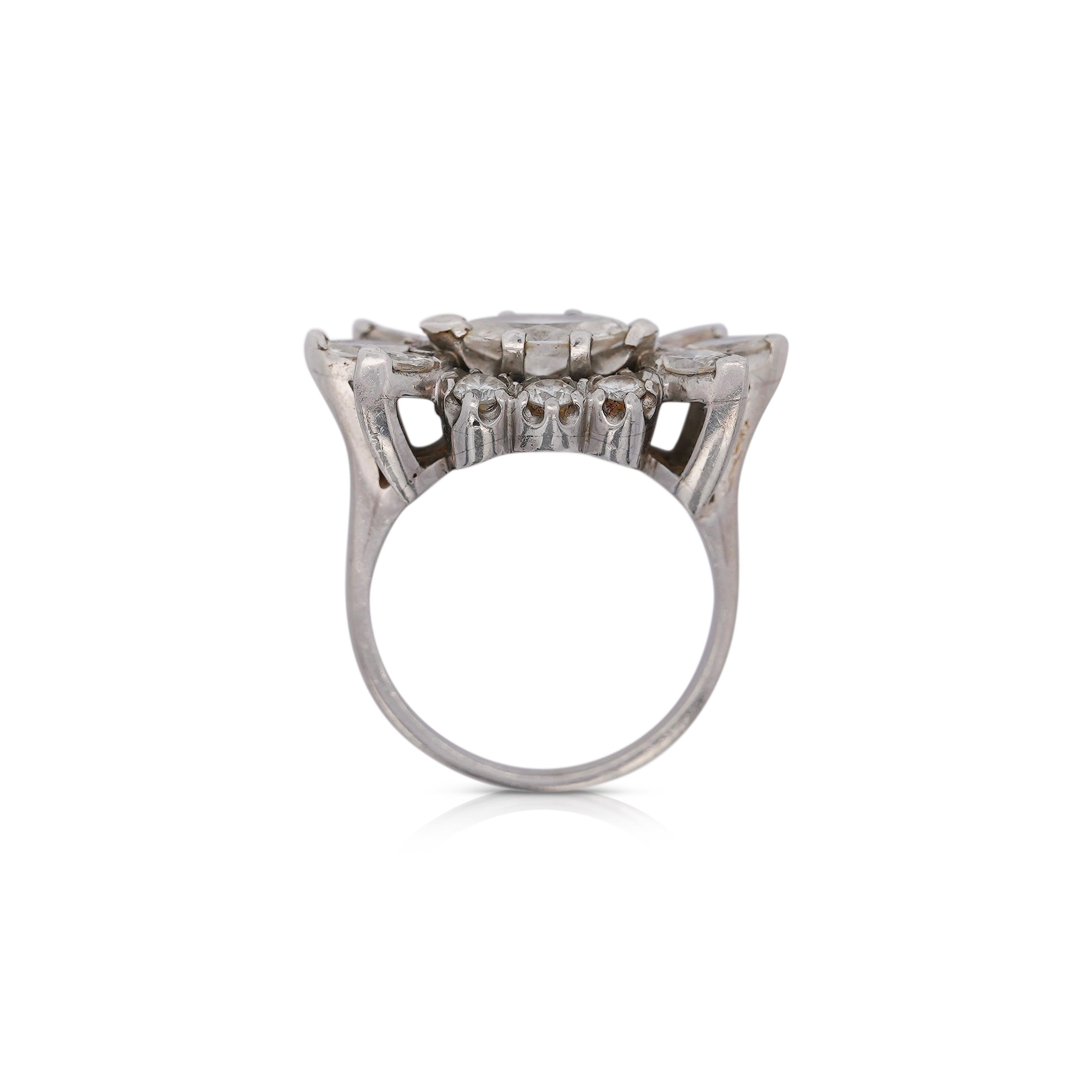 Art Deco Vintage 1.85 Carat Marquise Cut Diamond Cocktail Platinum East-West Ring For Sale