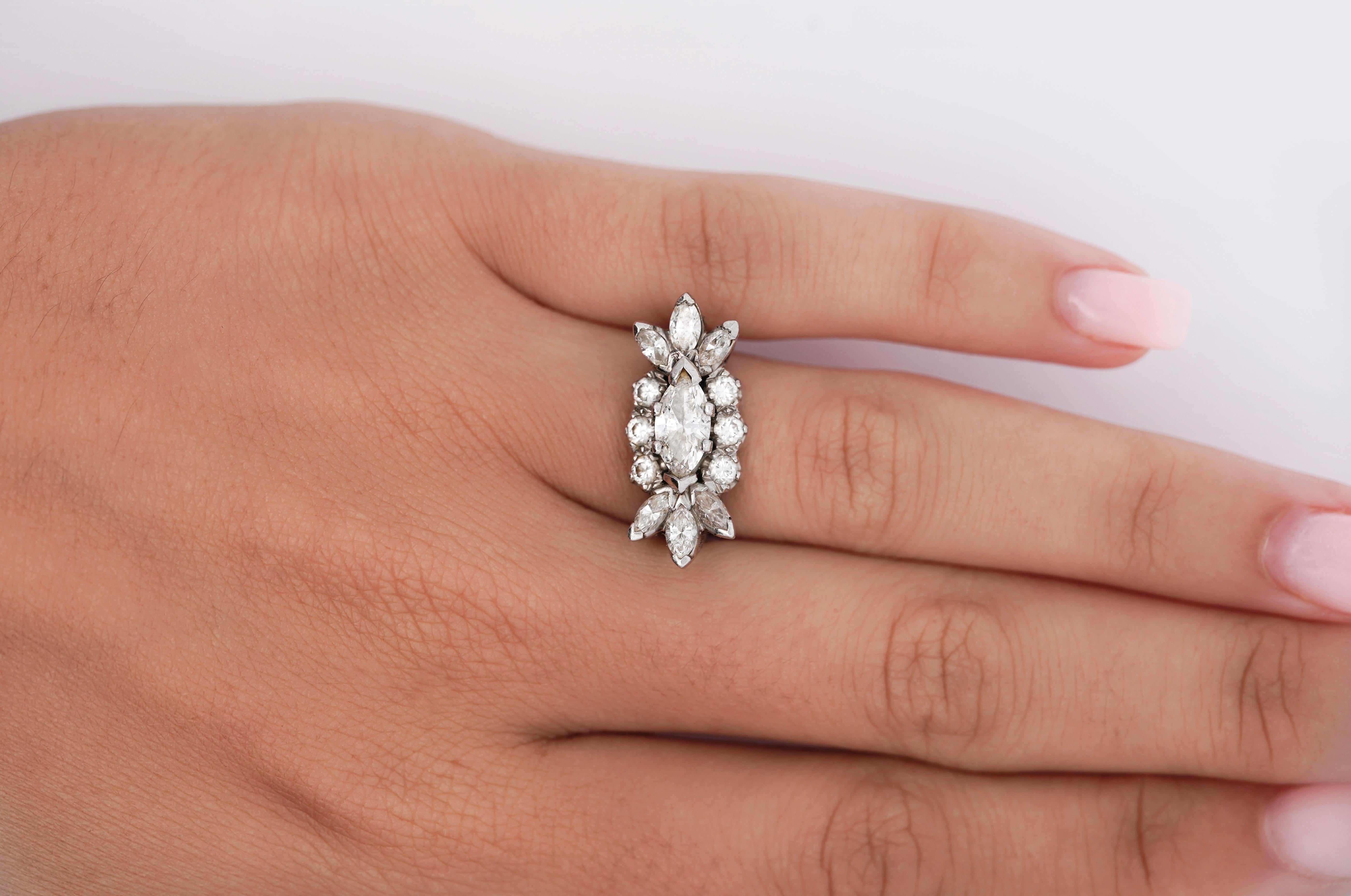Women's or Men's Vintage 1.85 Carat Marquise Cut Diamond Cocktail Platinum East-West Ring For Sale
