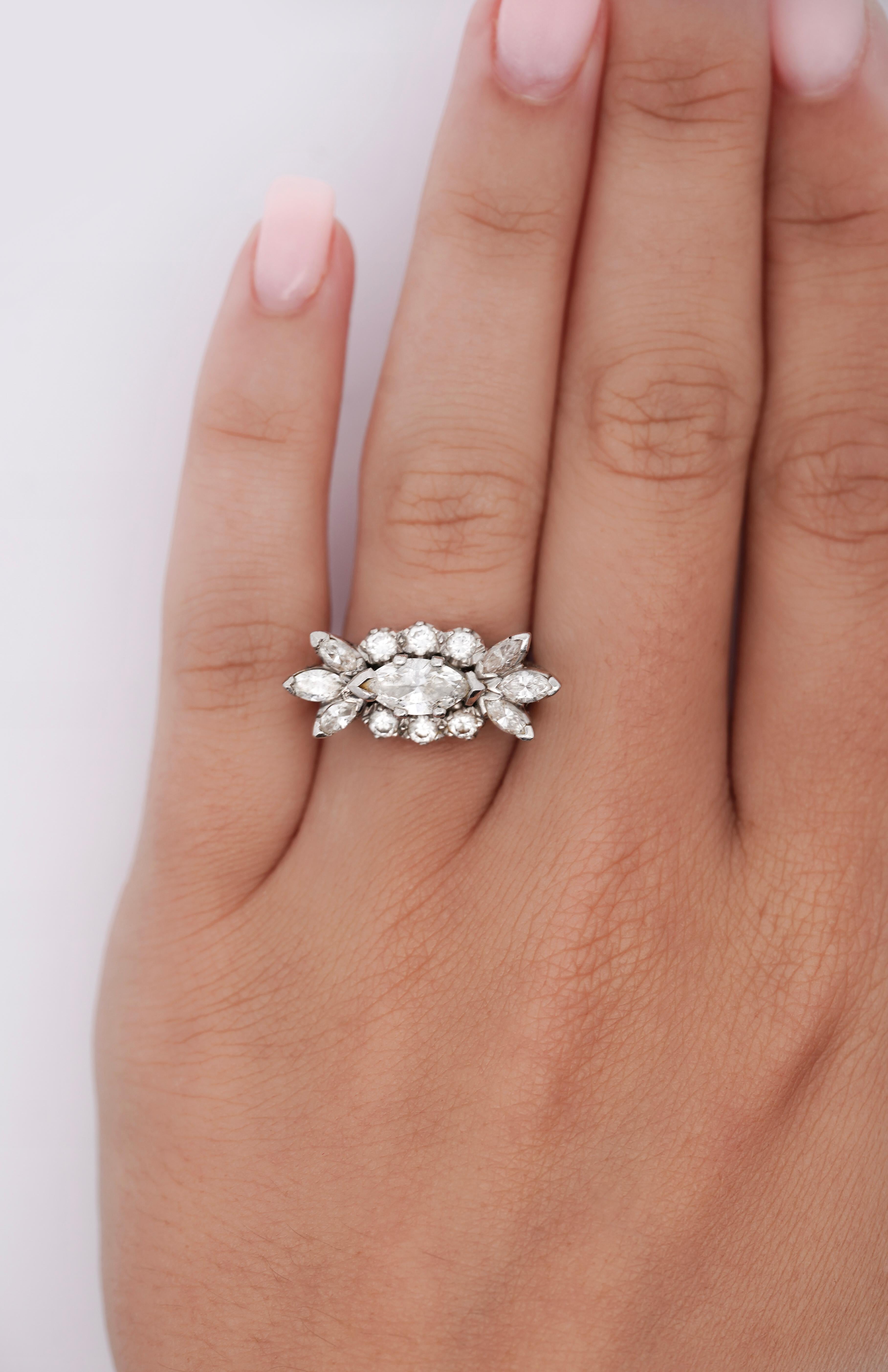 Vintage 1.85 Carat Marquise Cut Diamond Cocktail Platinum East-West Ring For Sale 1